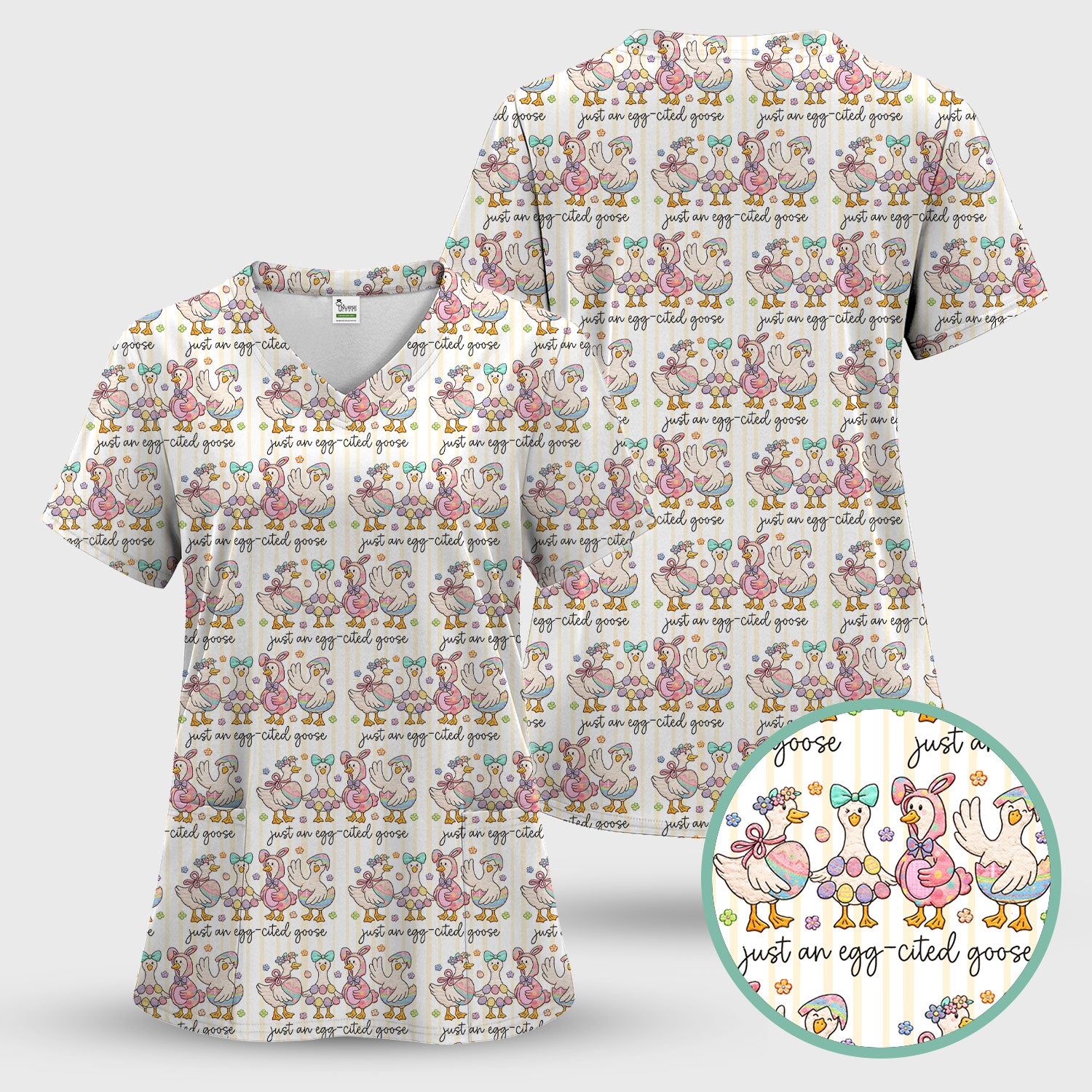 Cute Easter Goose Egg Pattern Scrubs Top, Breathable Fabrics Nursing Uniform