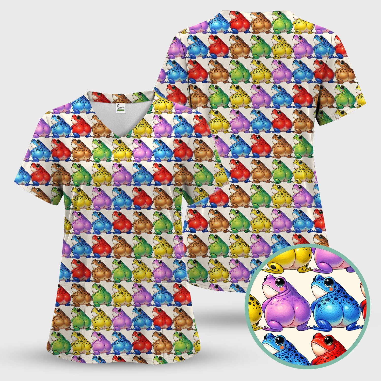 Funny Colorful Frogs Pattern Scrubs Sets, Scrub Pants and V Neck Top