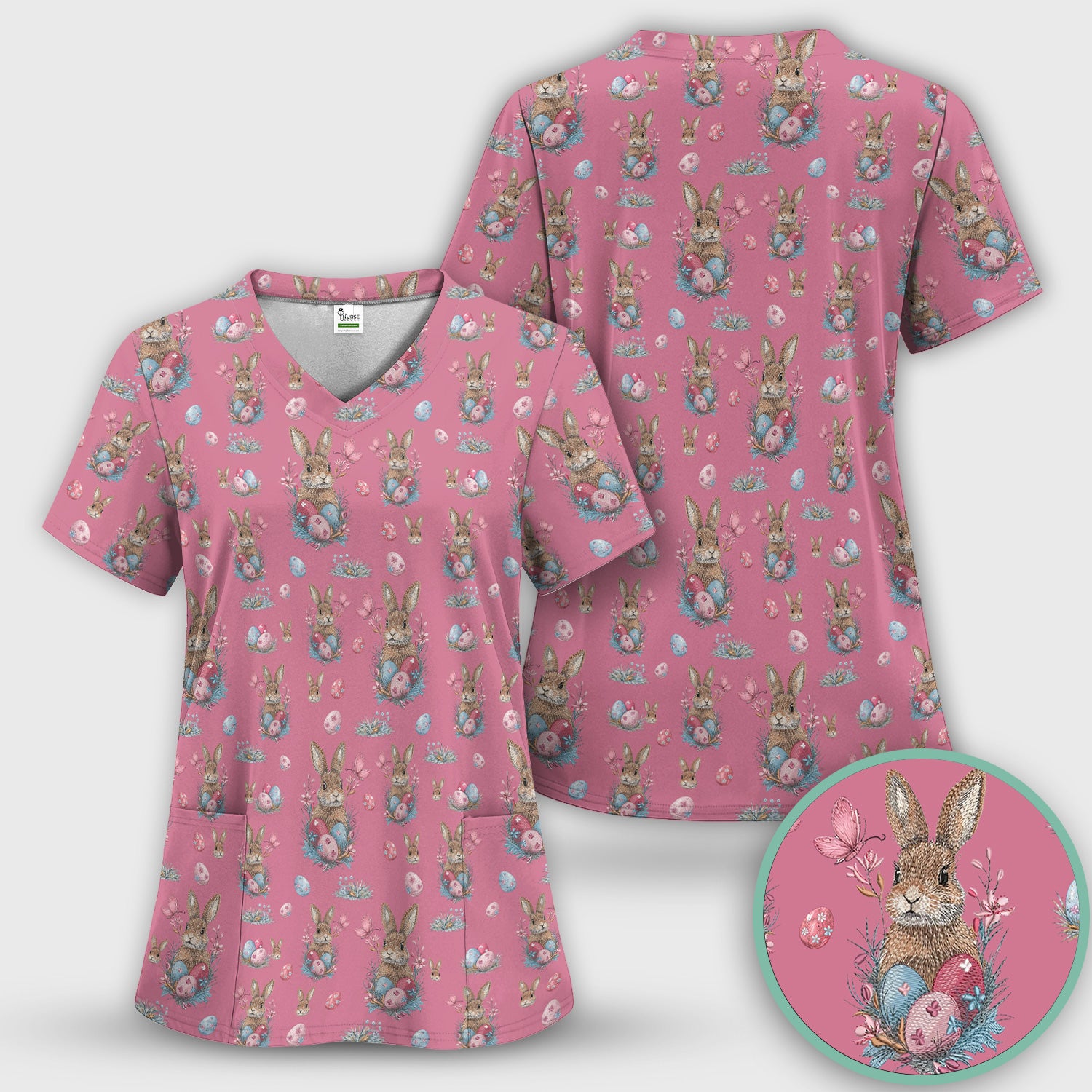 Pastel Easter Bunny Nest Pattern Scrub Top, Comfortable Scrubs for Nurses
