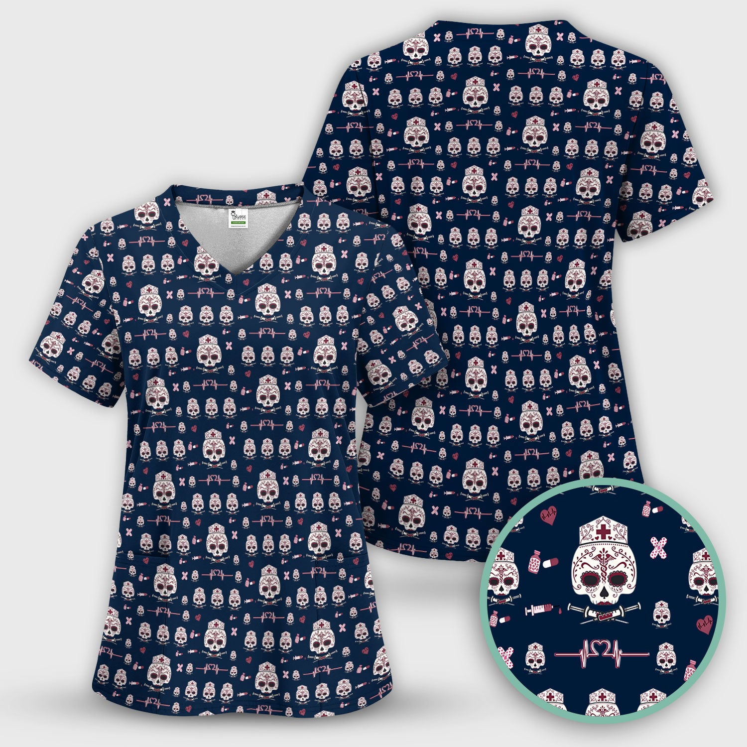 Sugar Skull Scrub Top, Skull Pattern Scrub Shirt, Breathable Fabrics Nursing Uniform