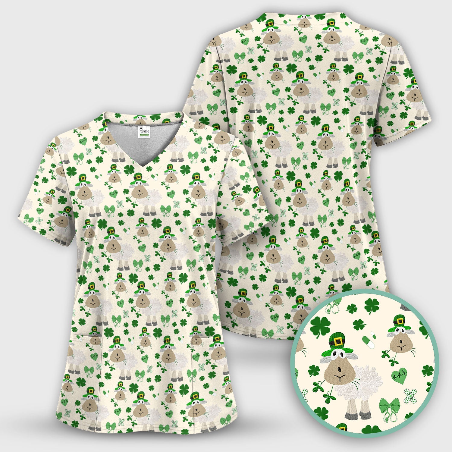 Nurse St. Patrick Scrubs Top, Cute Sheep Shamrock Pattern Nurse Shirt, Breathable Fabrics Nursing Uniform