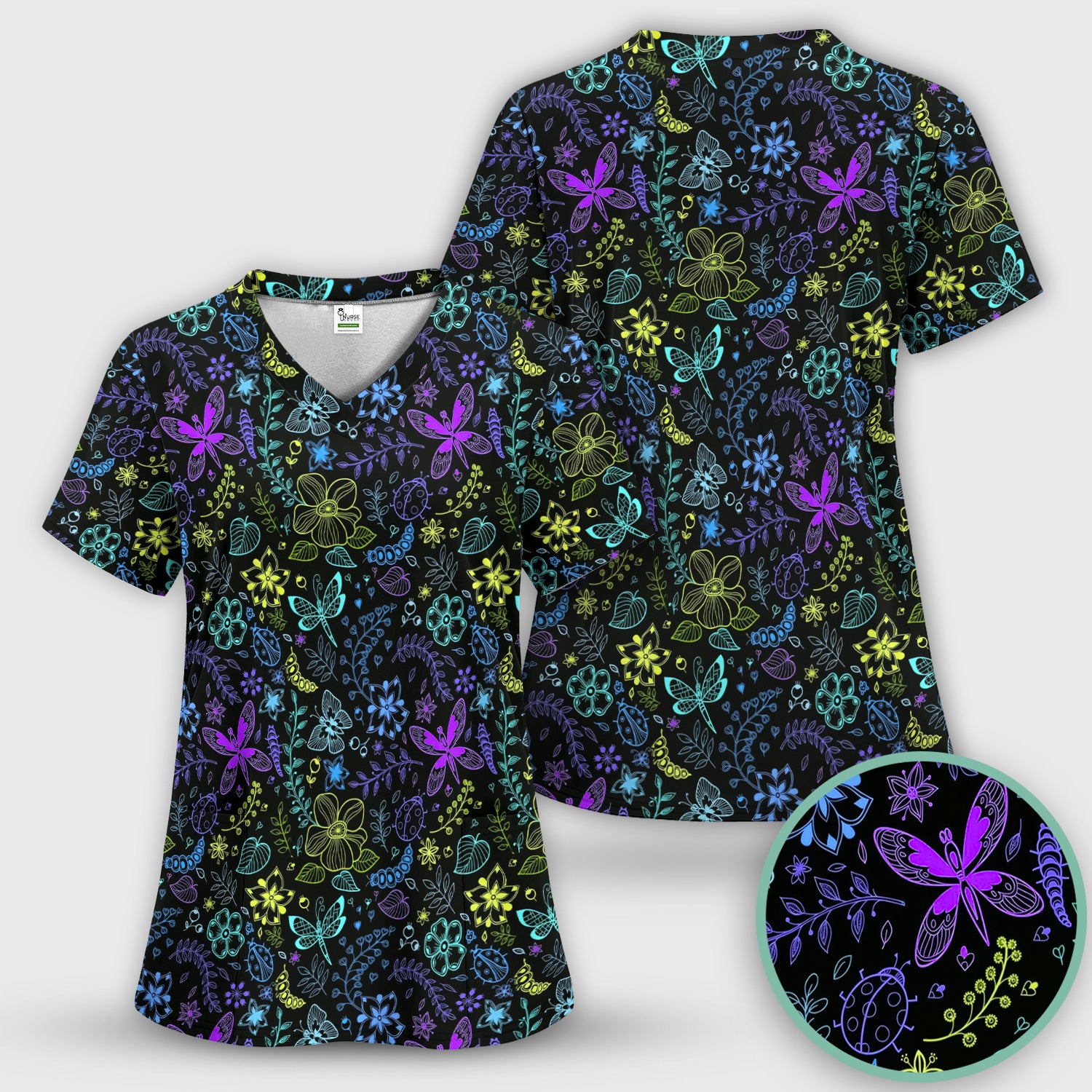 Neon Butterfly and Floral Garden Pattern Scrub Top, Comfortable Scrubs for Nurses