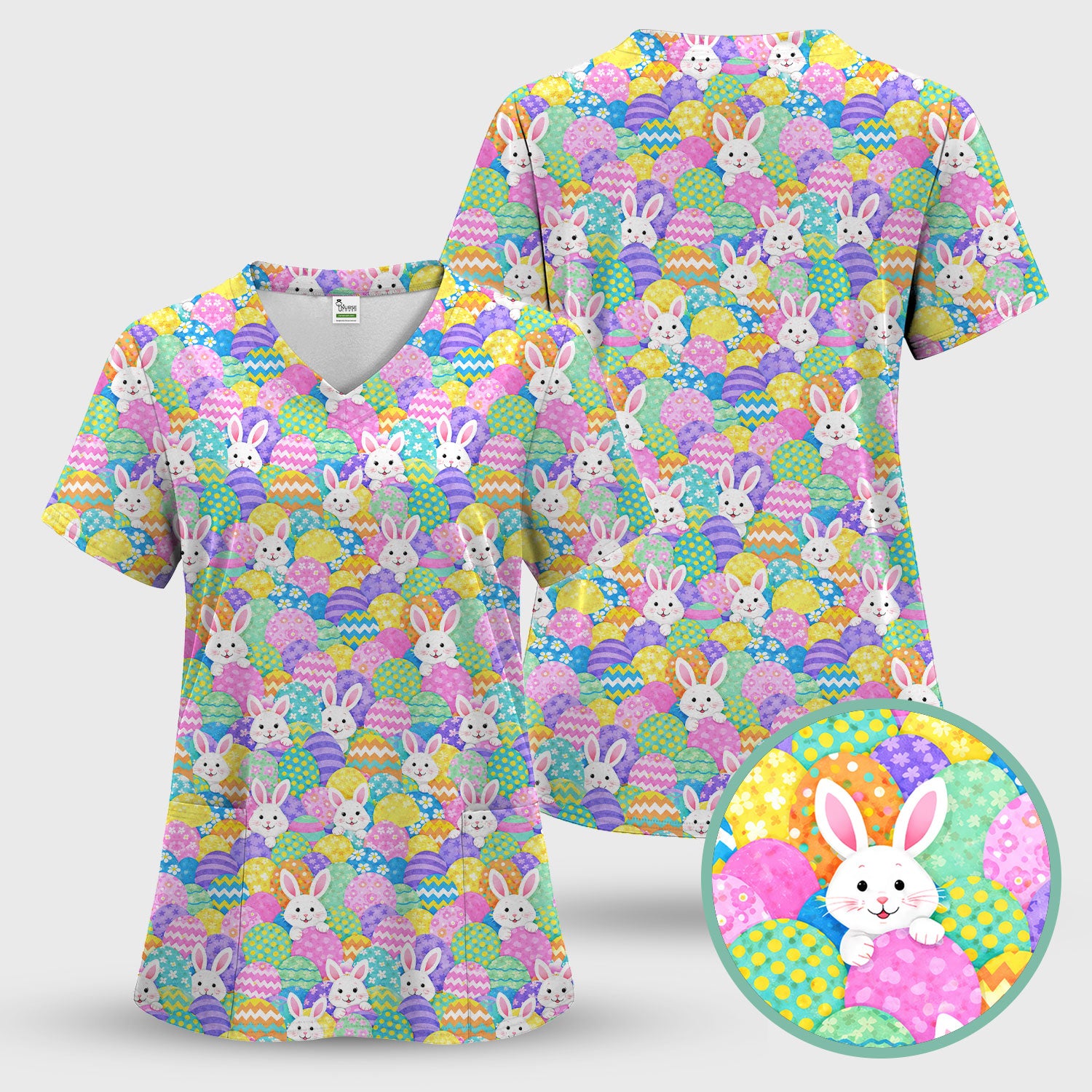 Easter Bunny Colorful Egg Pattern Print Scrub Top, Comfortable Scrubs for Nurses