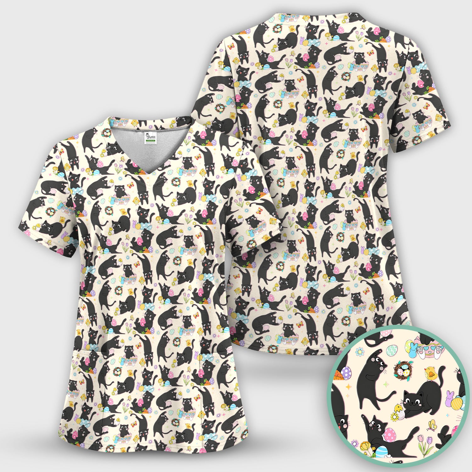 Playful Black Cat Easter Egg Pattern Scrub Top, Comfortable Scrubs for Nurses
