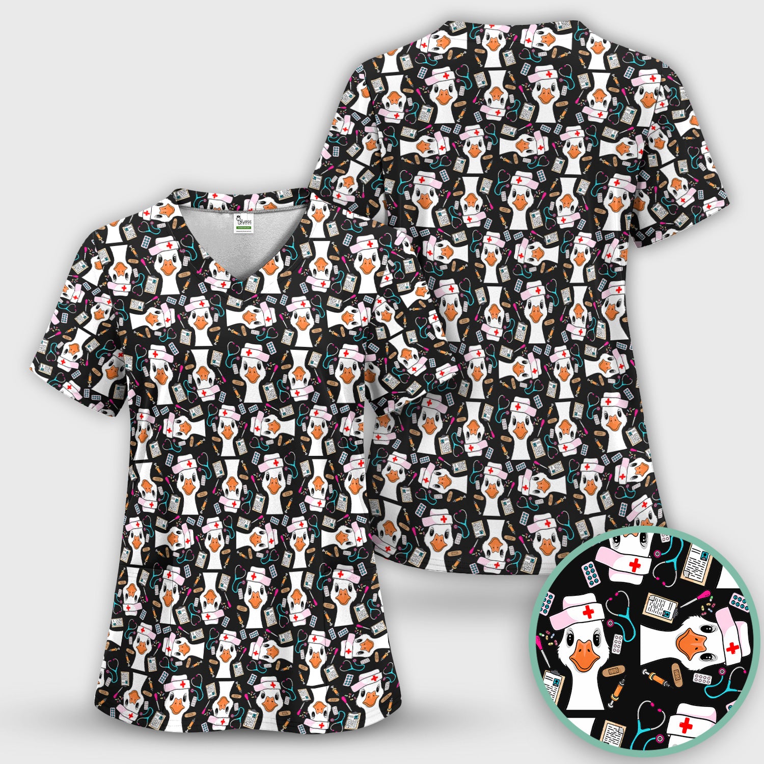 Duck Wearing Hat With Medical Tools Scrub Top, Breathable Fabrics Nursing Uniform