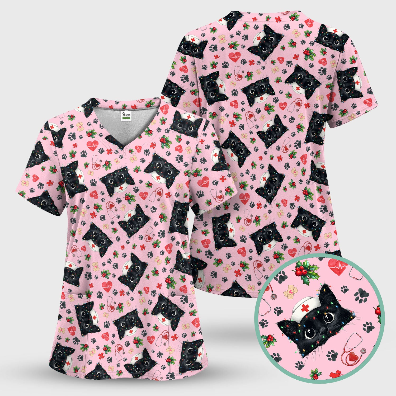 Black Cat Scrub Top for Nurse - Cute Kittens Christmas Medical Uniform - Funny Holiday Gift for Women