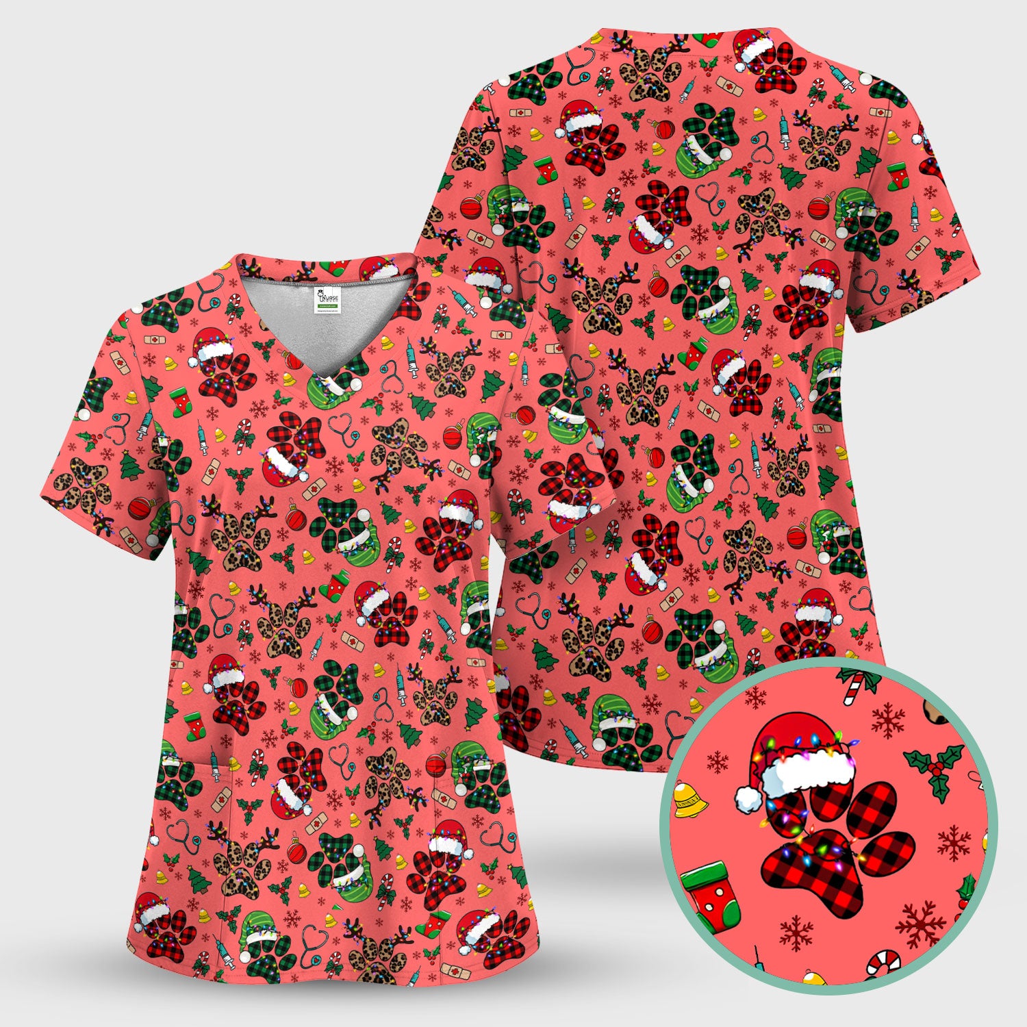 Christmas Paw Print Scrub Top for Nurses - Cute Leopard Holiday Pattern - Funny Festive Medical Uniform Gift