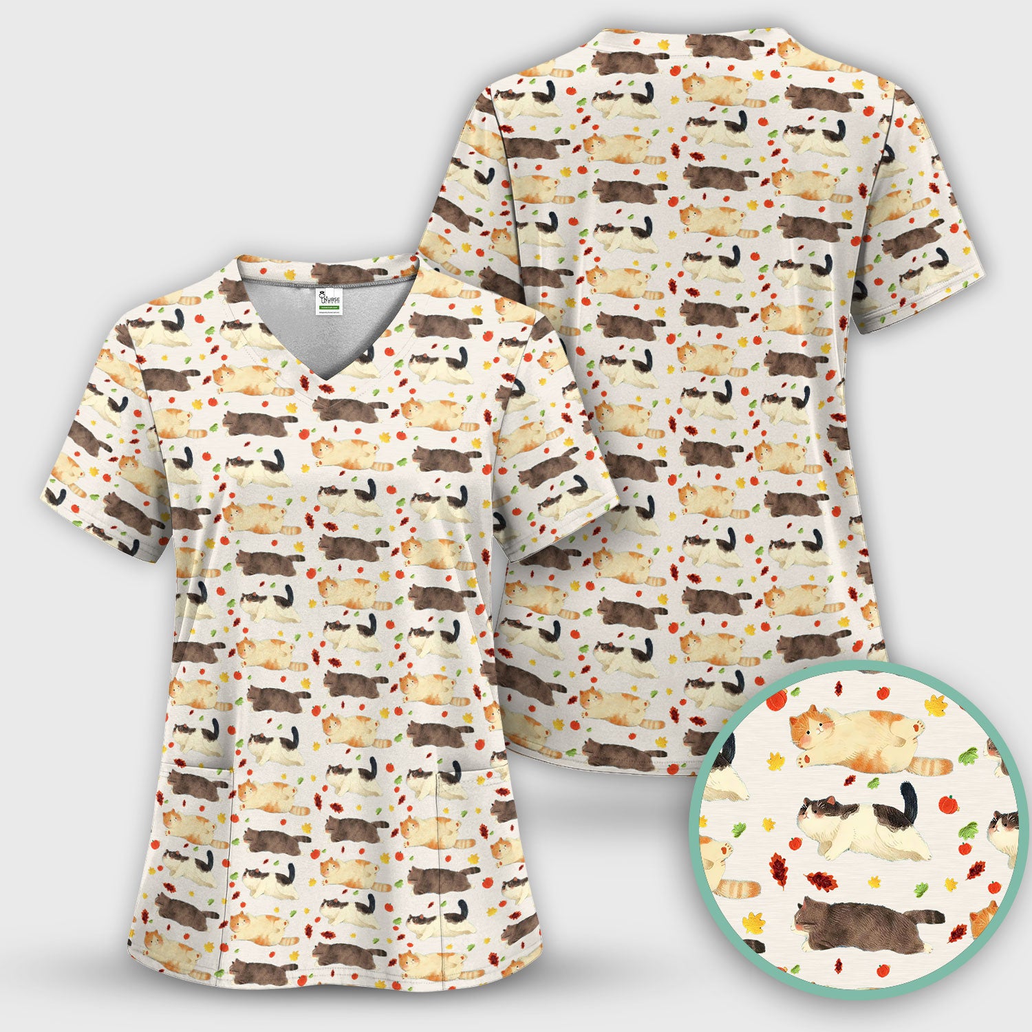 Chubby Cat Autumn Leaves Print Scrub Top, Breathable Fabrics Nursing Uniform