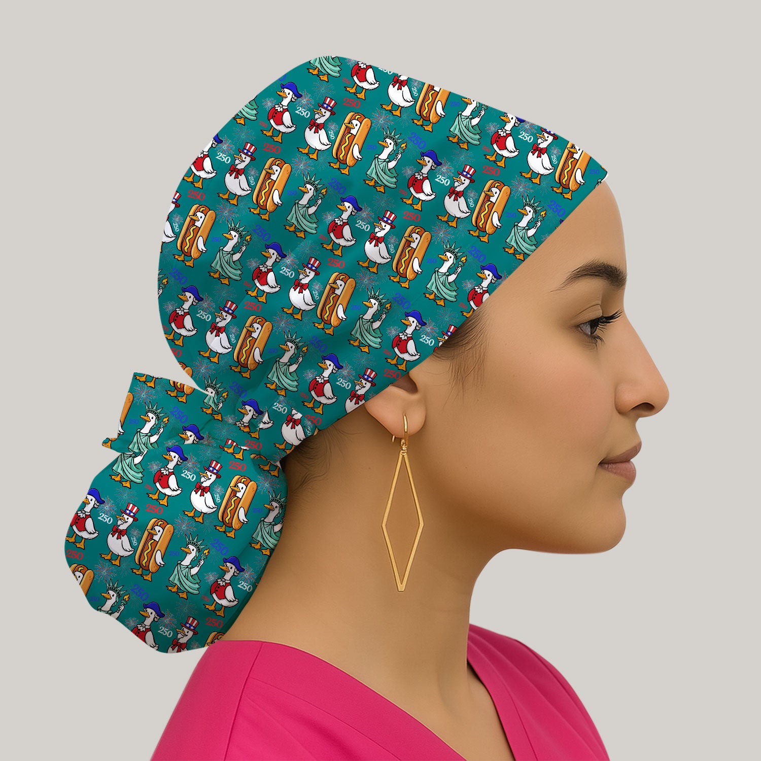 Patriotic Duck Independence Day Pattern Print Cap, Bouffant Scrub Caps for Women