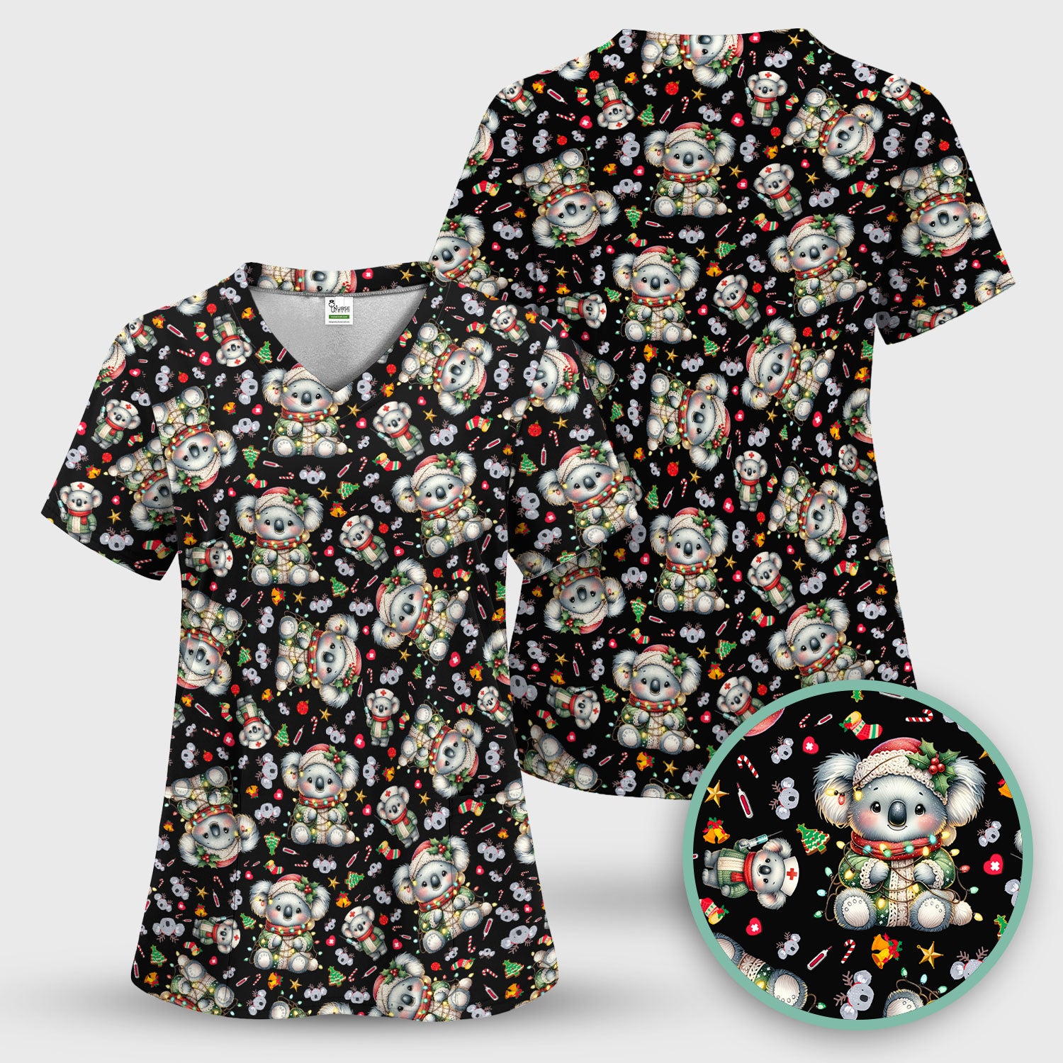 Christmas Koala Scrub Top - Cute Aussie Holiday Nurse Shirt for Women - Funny Animal Medical Uniform