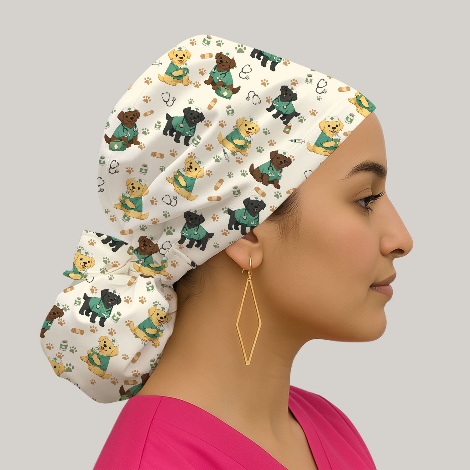Labrador Retriever Nurse Scrub Cap, Cute Medical Dog Pattern Nurses Hat, Breathable Fabrics Nursing Uniform