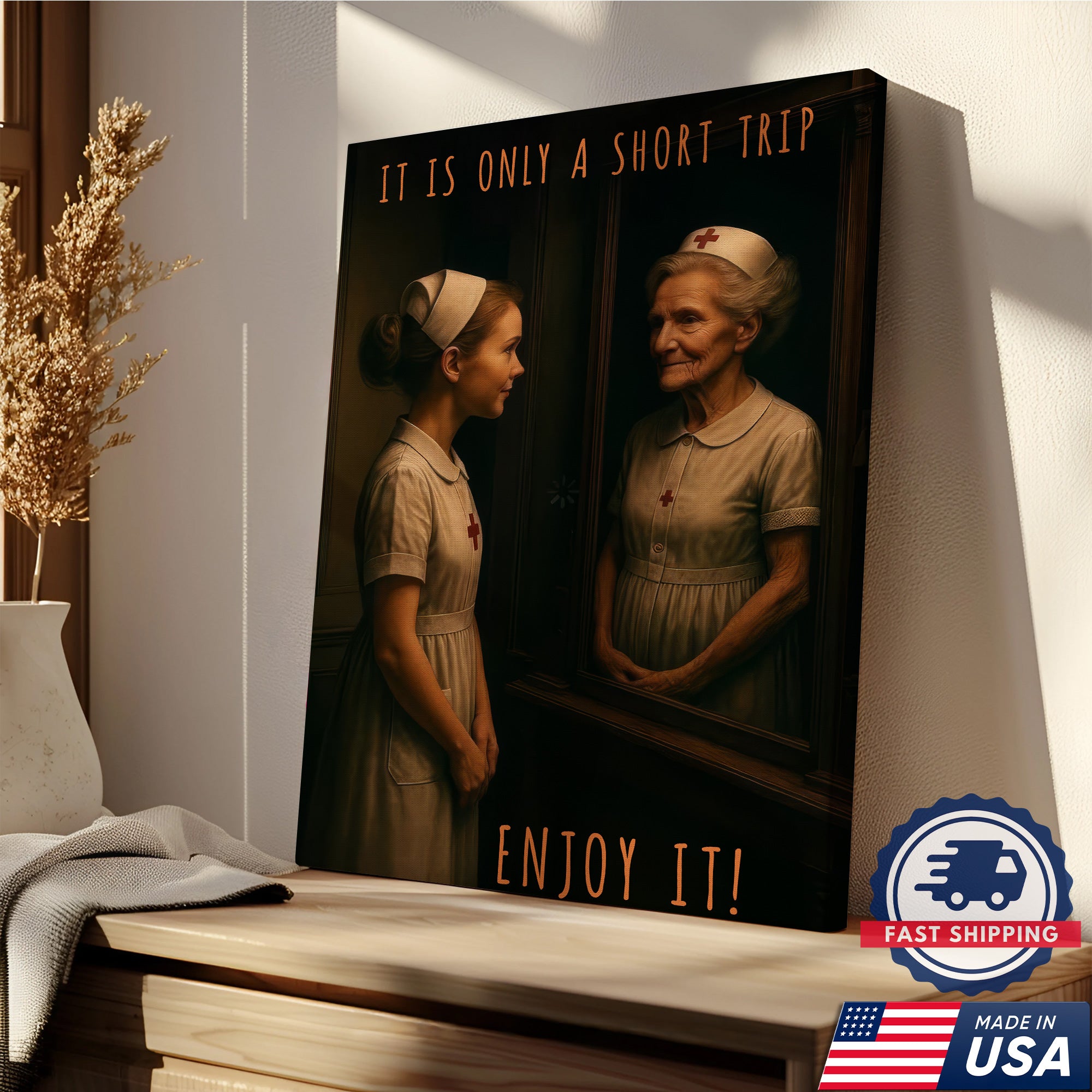 Vintage Young and Old Nurse Canvas, It Is Only A Short Trip Enjoy It, RN LPN CNA Gift