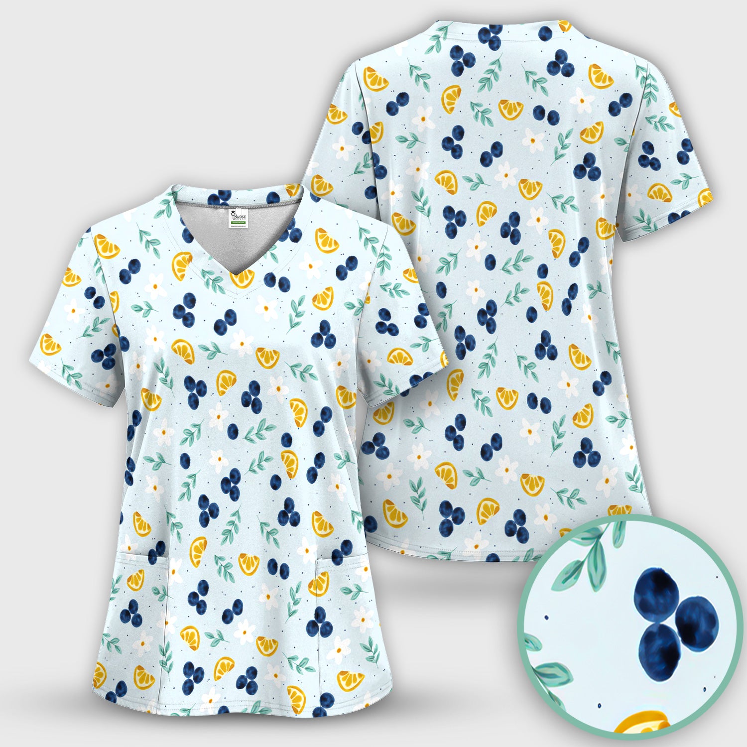 Blueberry Lemon Daisy Pattern Scrubs Sets, Scrub Pants and V Neck Top