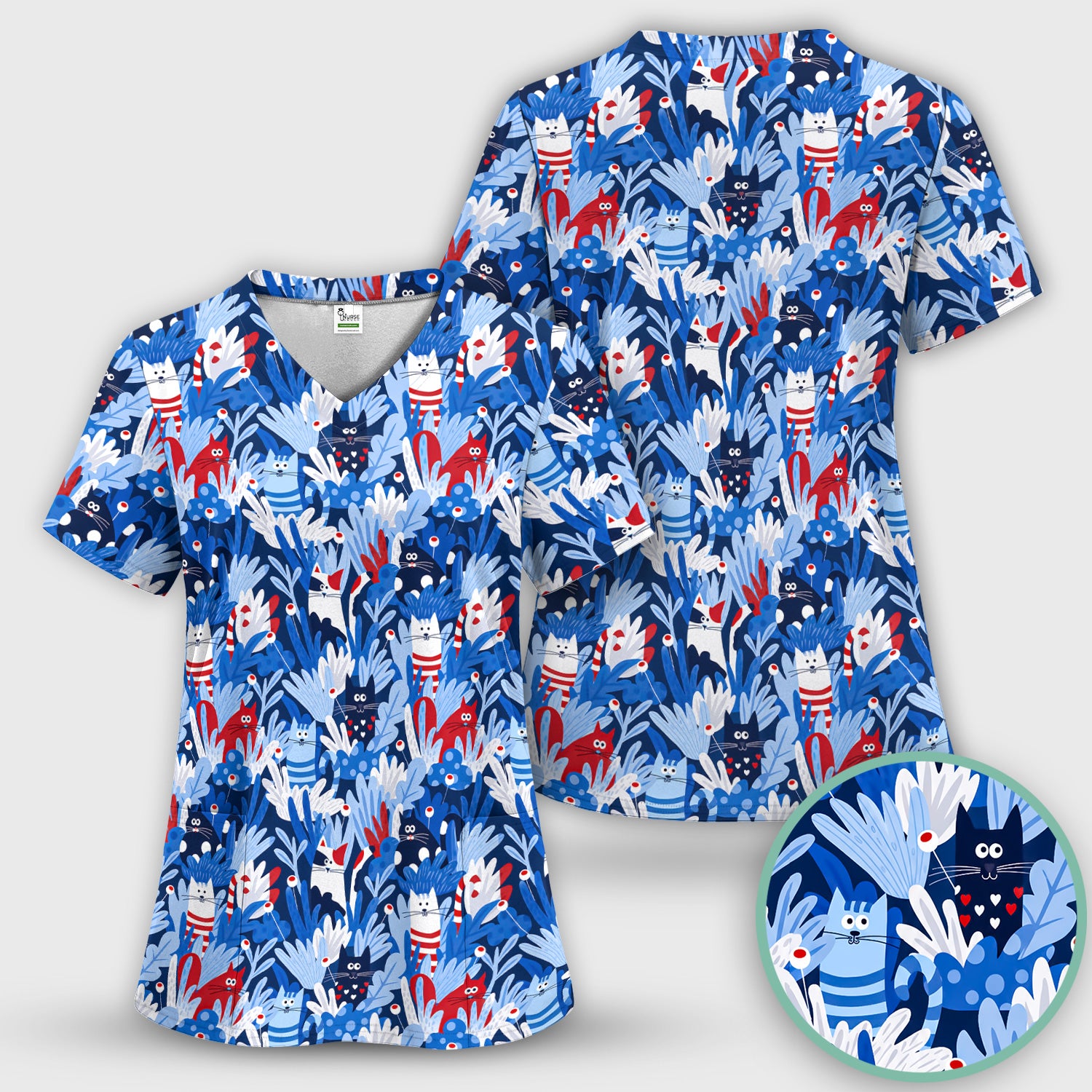 Cute Cats Among Blue Foliage Pattern Scrub Top, Comfortable Scrubs for Nurses