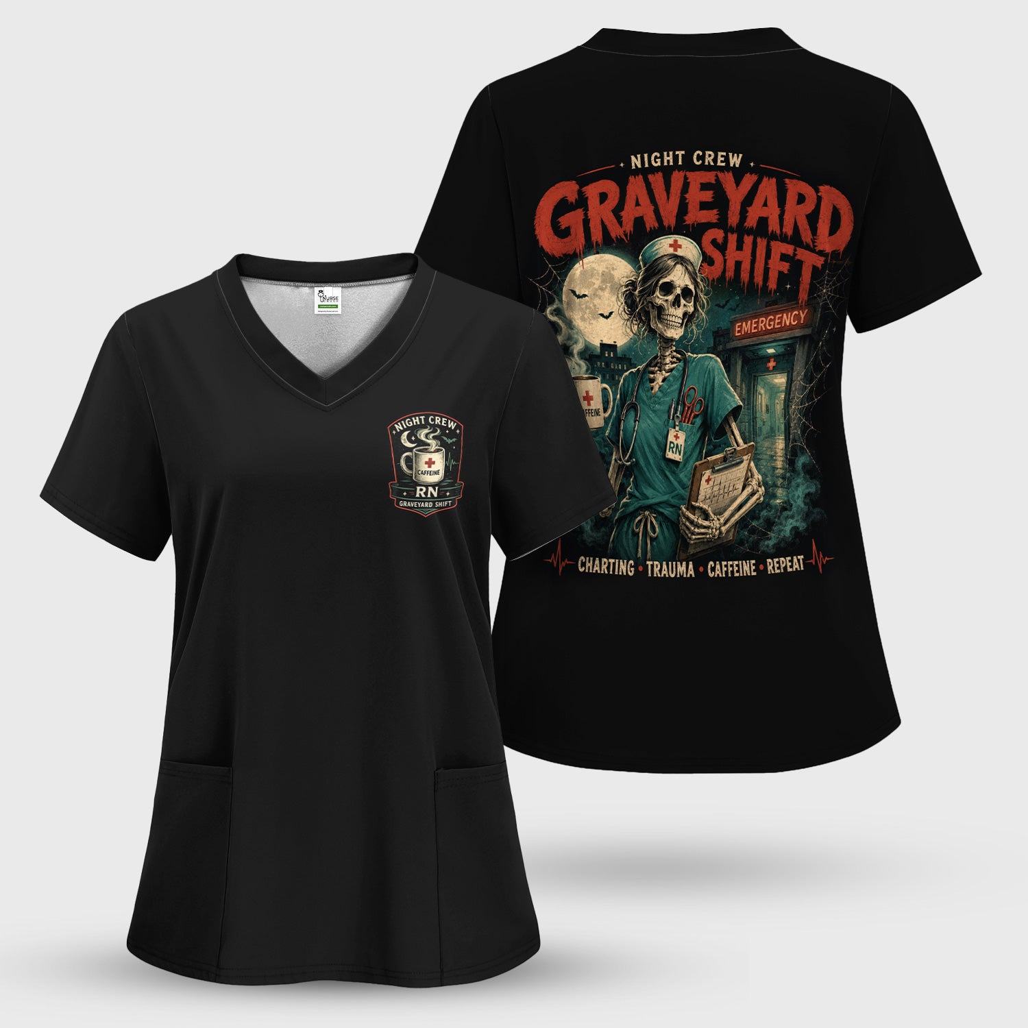Spooky Graveyard Shift Skeleton Nurse Scrub Top, Comfortable Scrubs for Nurses