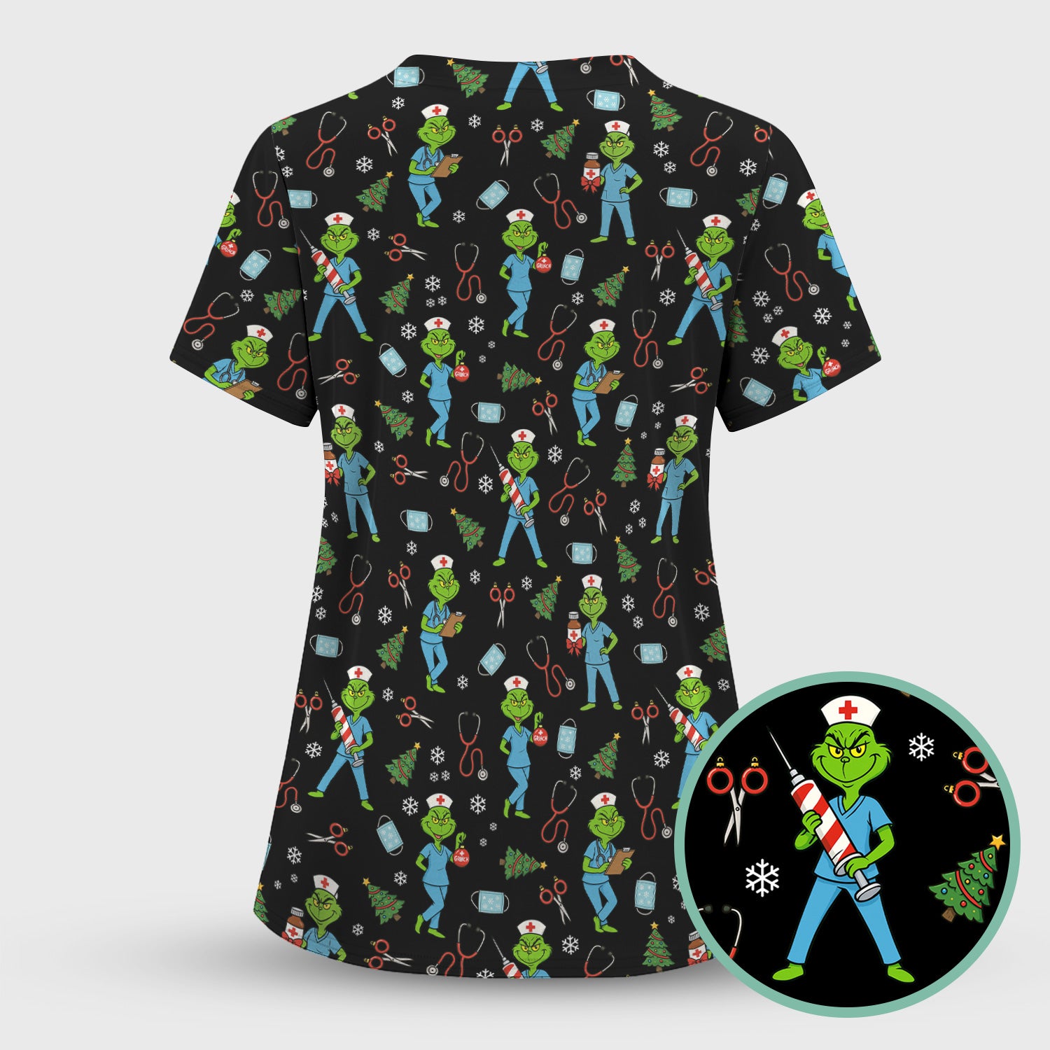 Grinch Christmas Scrub Top for Nurses - Funny Medical Workwear Top - RN LPN CNA Gift