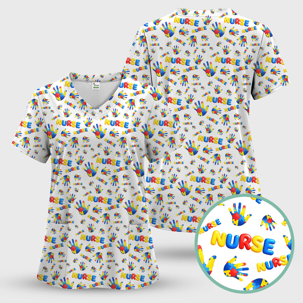 Colorful Autism Handprint Nurse Pattern Scrubs Set, Scrub Pants and V Neck Top