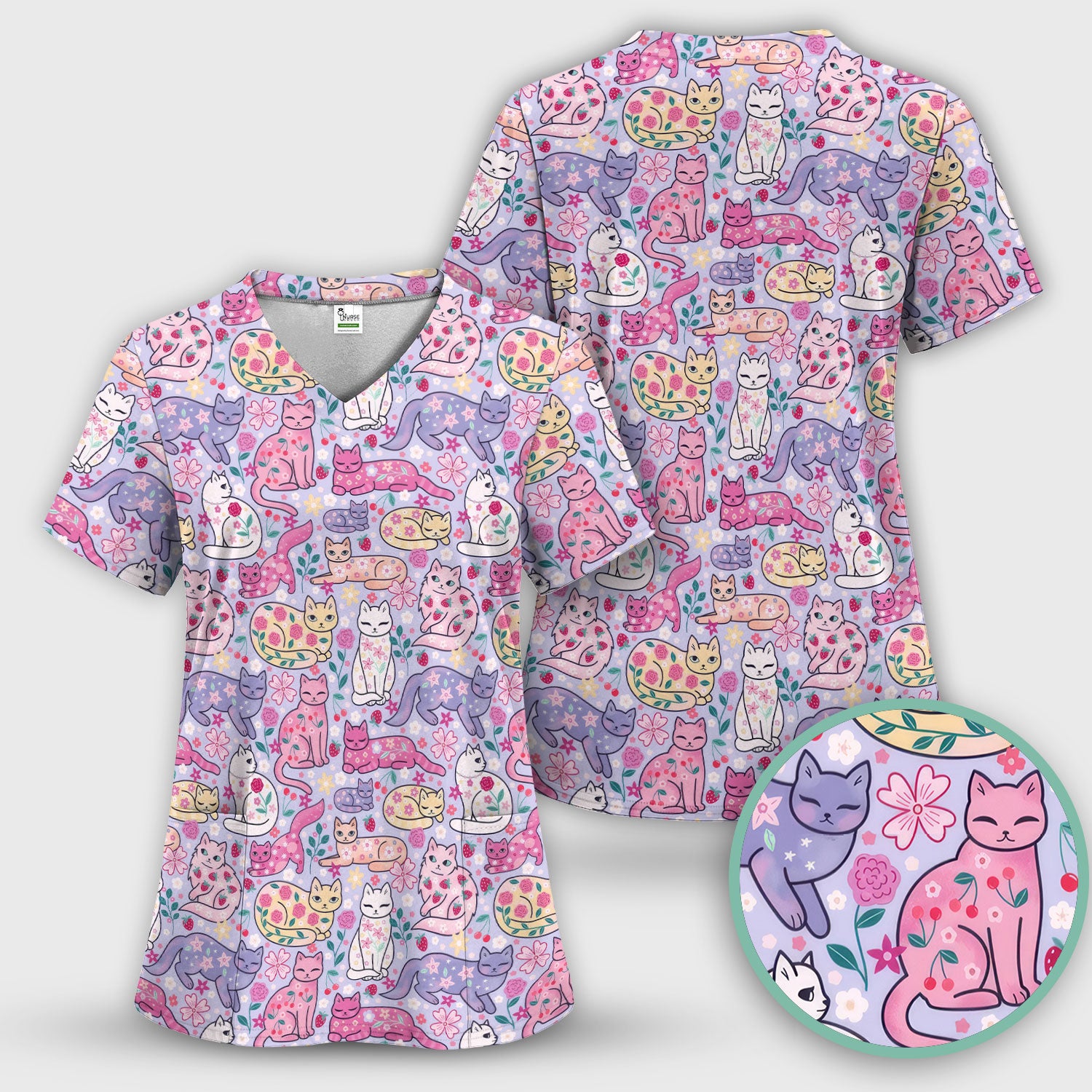 Funny Colorful Pastel Cats Floral Strawberry Print Scrub Top, Breathable Fabrics Nursing Uniform