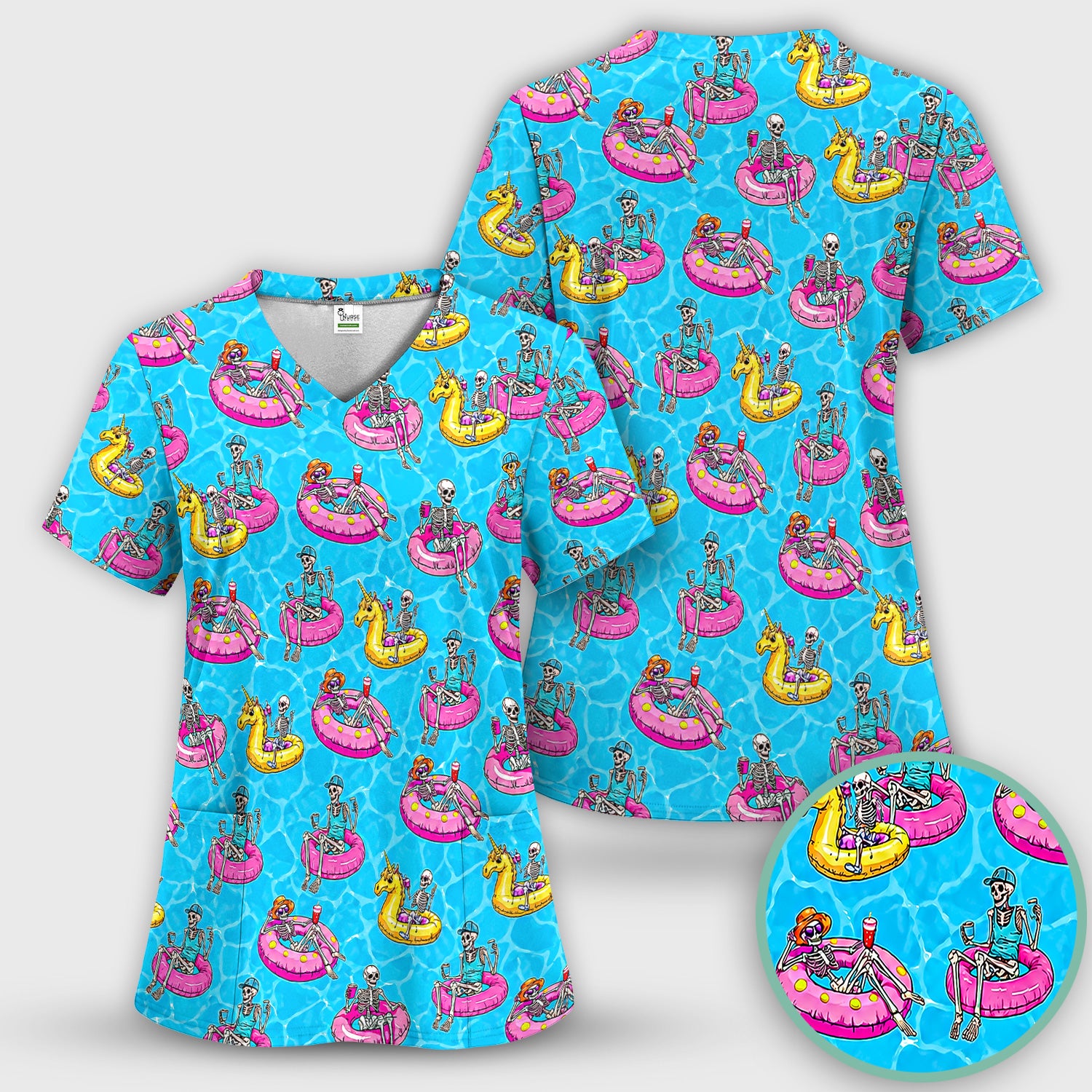 Summerween Skeleton with Pool Float Print Scrub Top, Comfortable Scrubs for Nurses
