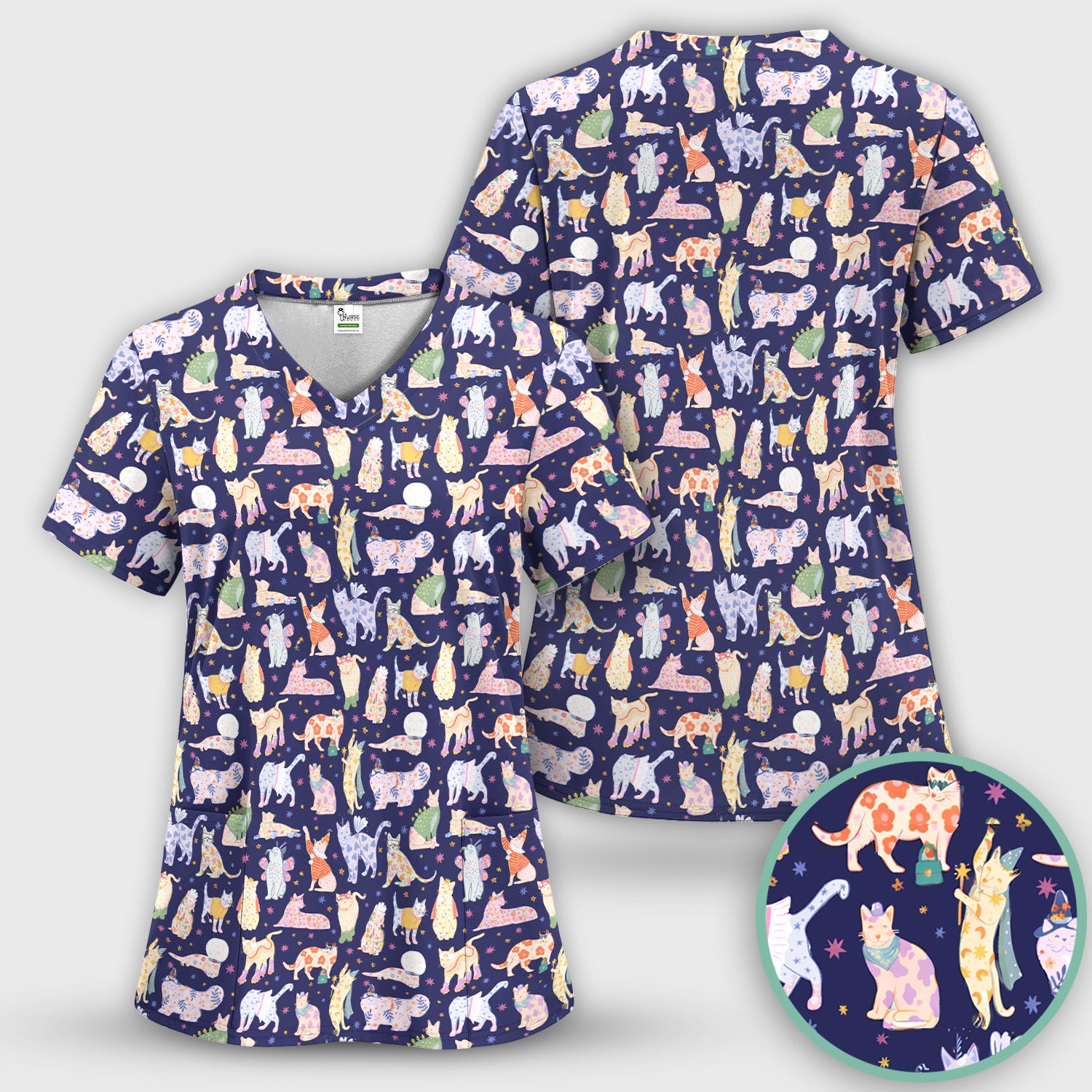 Cute Colorful Cats Pattern Scrub Set, Scrub Pants and V Neck Top