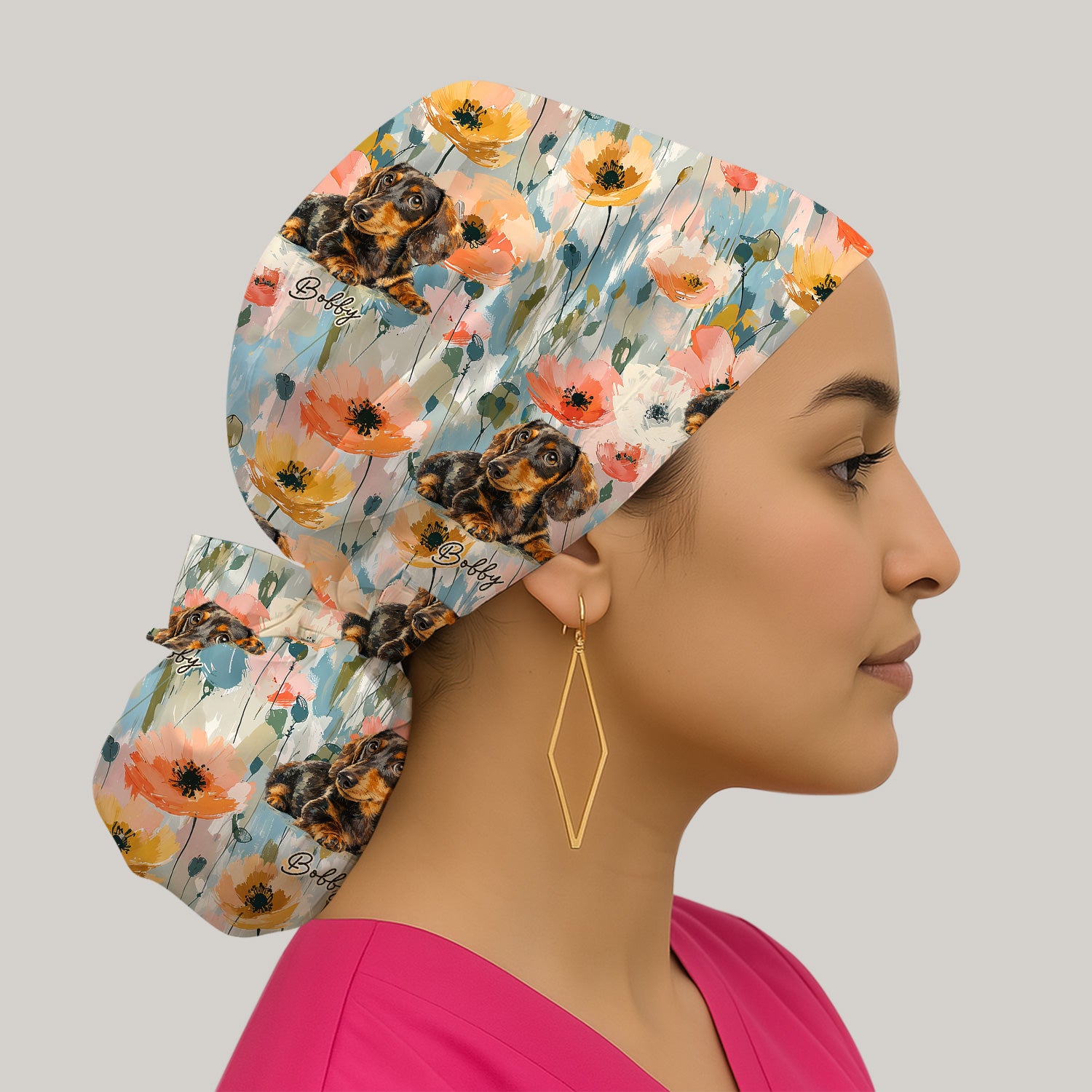 Personalized Dachshund Floral Portrait Pattern Scrub Cap, Surgical Caps for Doctors