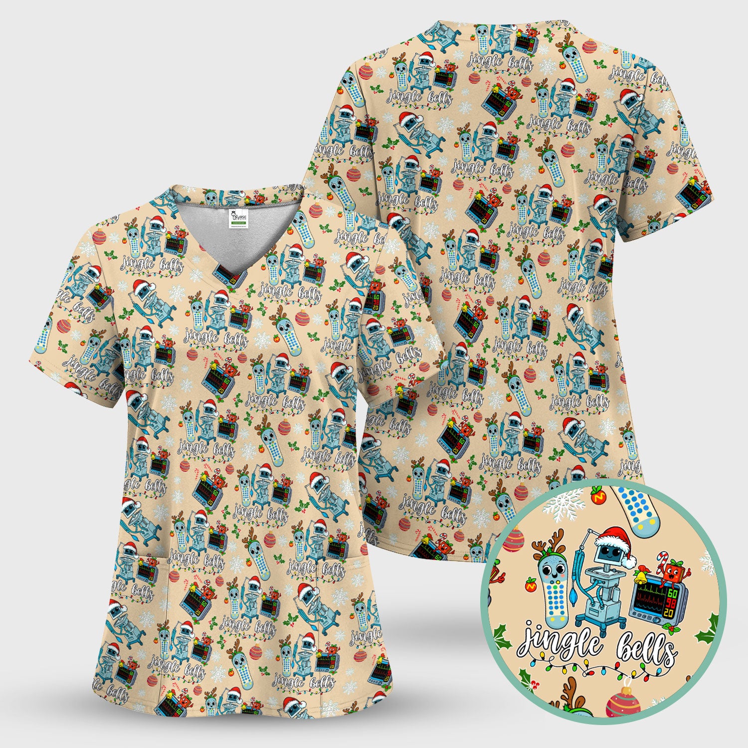 Funny Jingle Bells Holiday Scrub Top - Funny Christmas Scrubs for Nurses - Breathable Fabrics Nursing Uniform