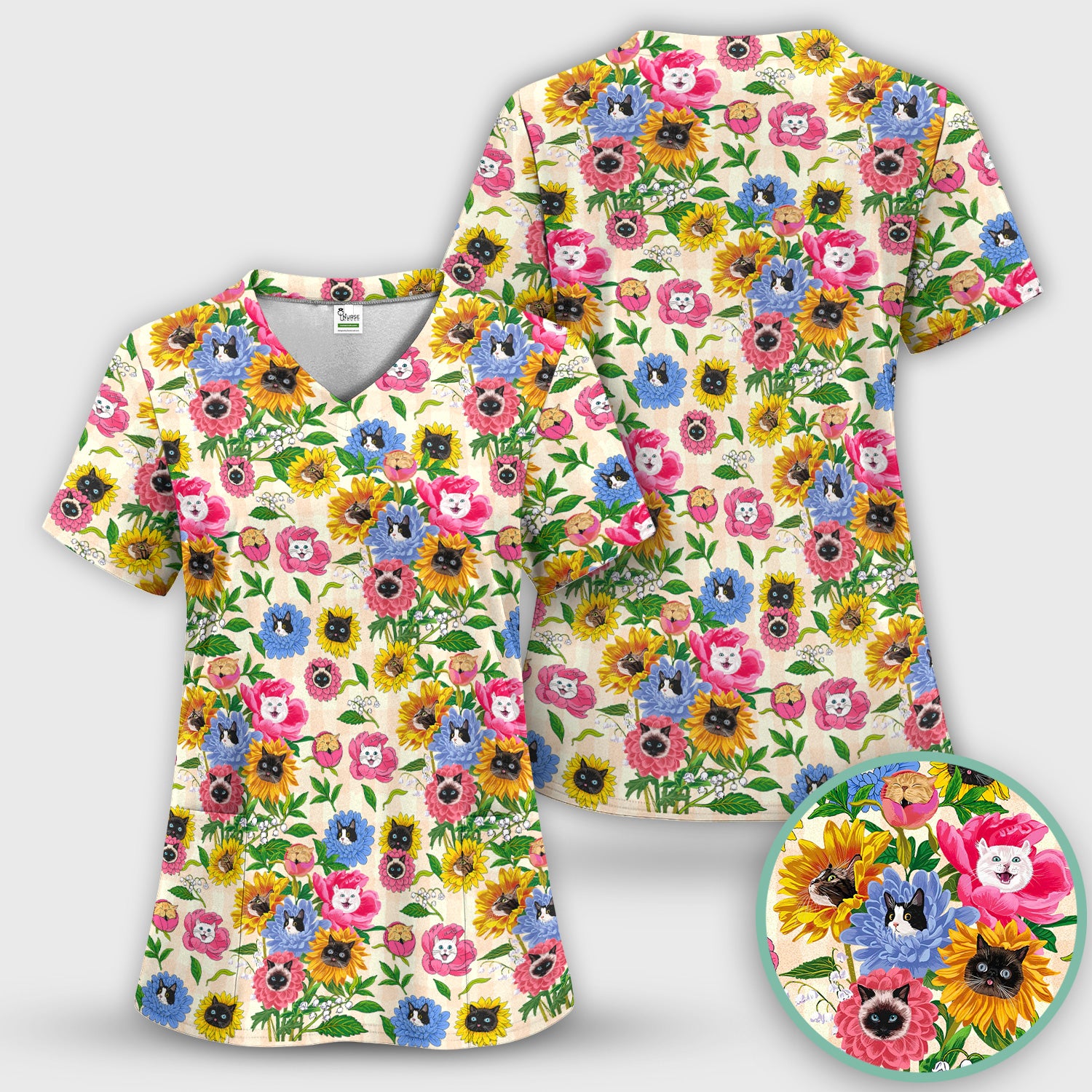 Cat Face Hidden In Colorful Flower Garden Scrub Top, Breathable Fabrics Nursing Uniform