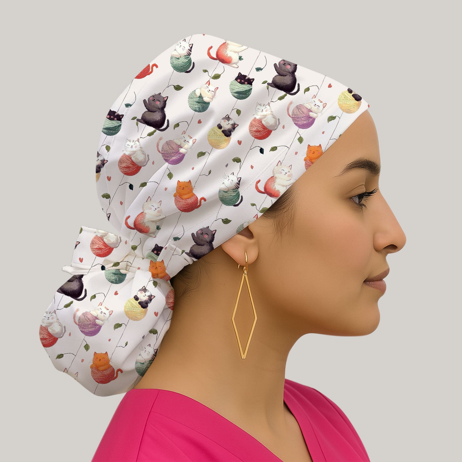 Cute Cats Playing Yarn Balls Pattern Print Cap, Bouffant Scrub Caps for Women