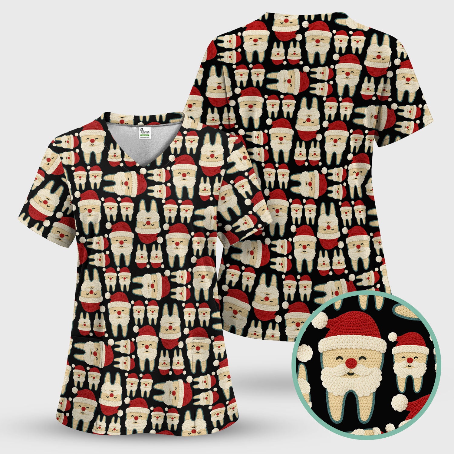 Christmas Tooth Scrub Top - Cute Santa Tooth Pattern for Dentists & Hygienists - Crochet Style Holiday Medical Uniform for Women