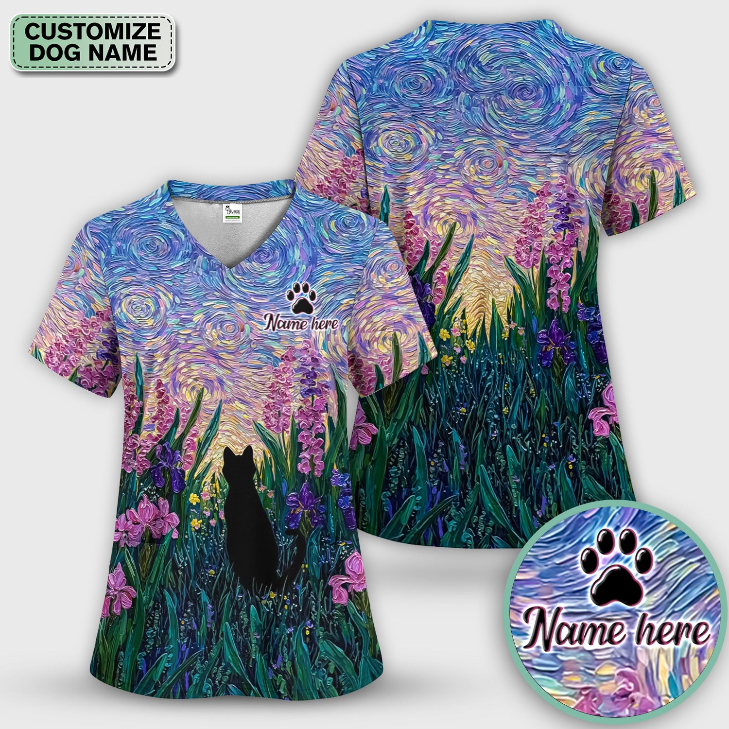 Cat Under Starry Sky Pattern Scrub Top, Comfortable Scrubs for Nurses