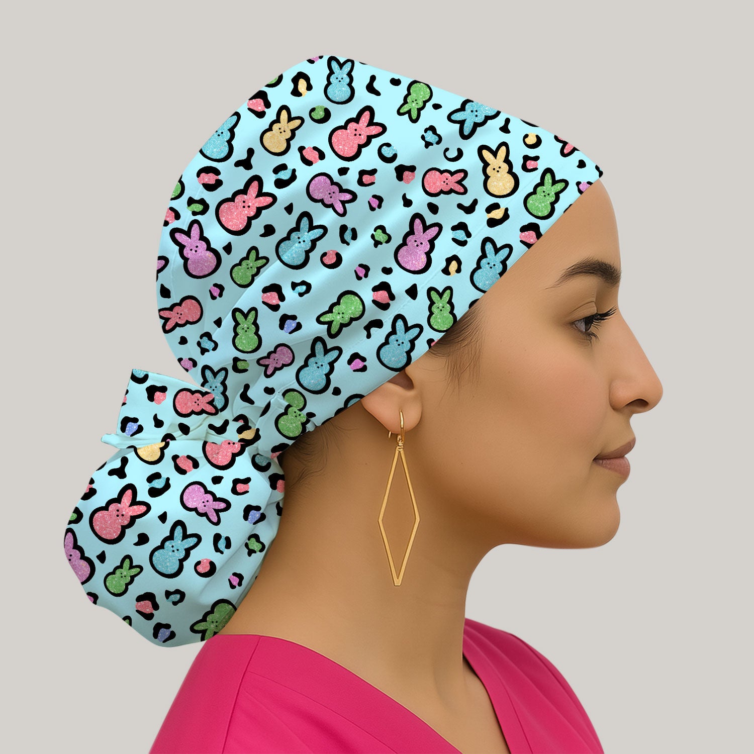 Cute Easter Bunny Pastel Pattern Print Cap, Bouffant Scrub Caps for Women