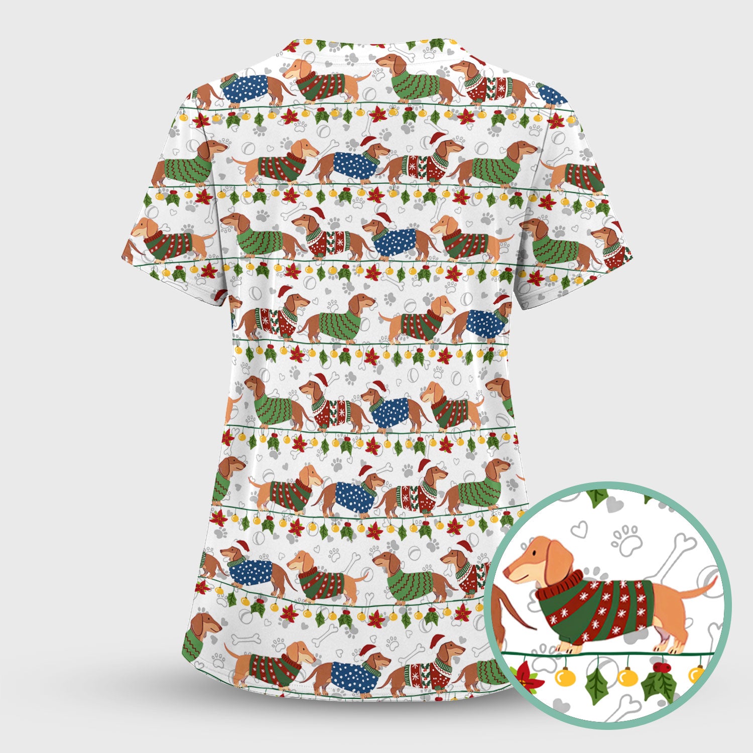Holiday Wiener Dog Nurse Scrub Top - Festive Sausage Dog Christmas Medical Shirt for RN CNA LPN Women