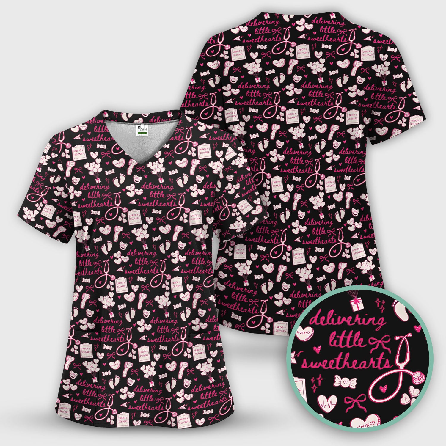 Valentine Labor And Delivery Scrub Top, XOXO Pattern Scrub Shirt, Breathable Fabrics Nursing Uniform For Women