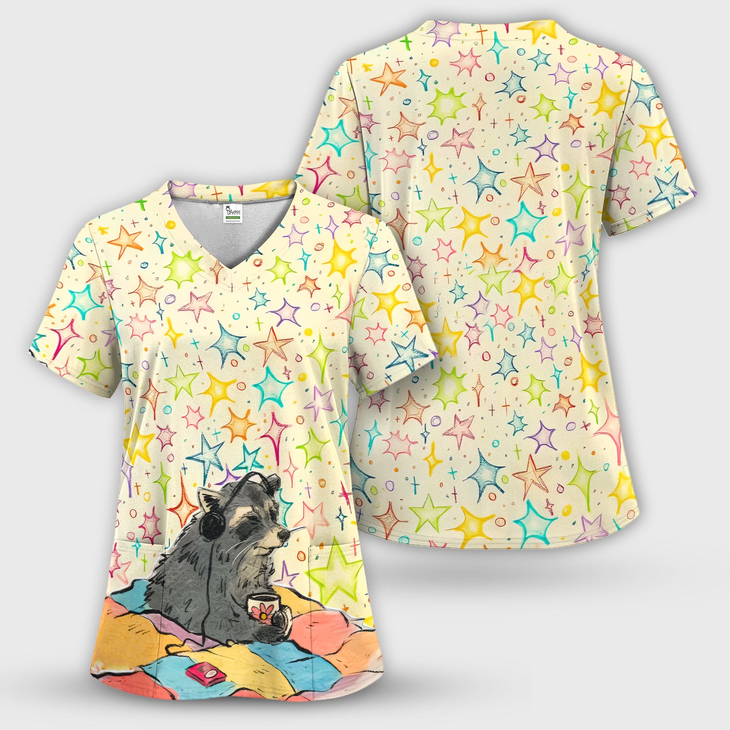 Chill Raccoon Starry Music Pattern Scrub Top, Comfortable Scrubs for Nurses