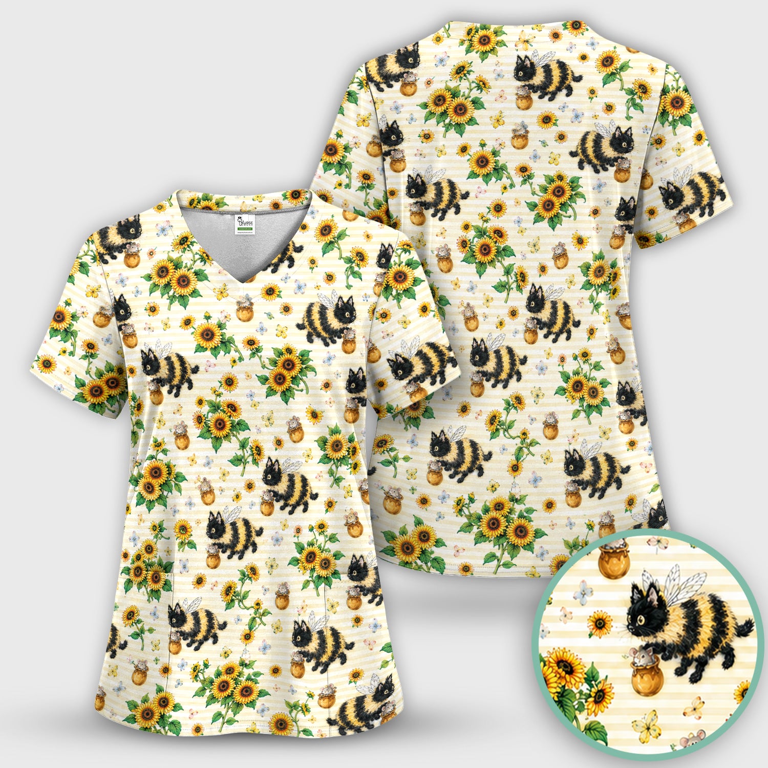 Cute Bumblebee Cat Sunflower Pattern Scrub Set, Scrub Pants and V Neck Top