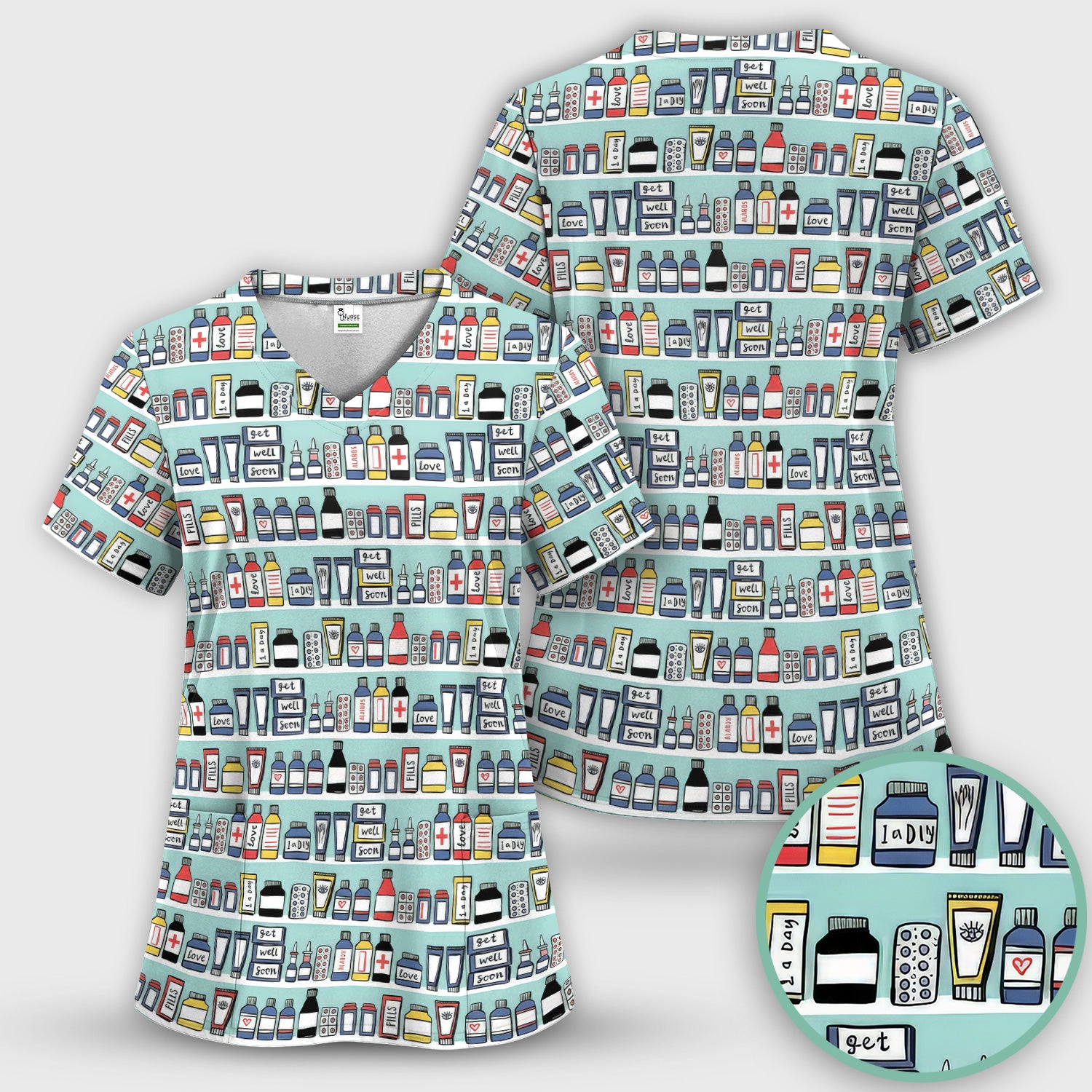 Medicine Bottle Pharmacy Pills Care Pattern Scrub Set, Scrub Pants and V Neck Top