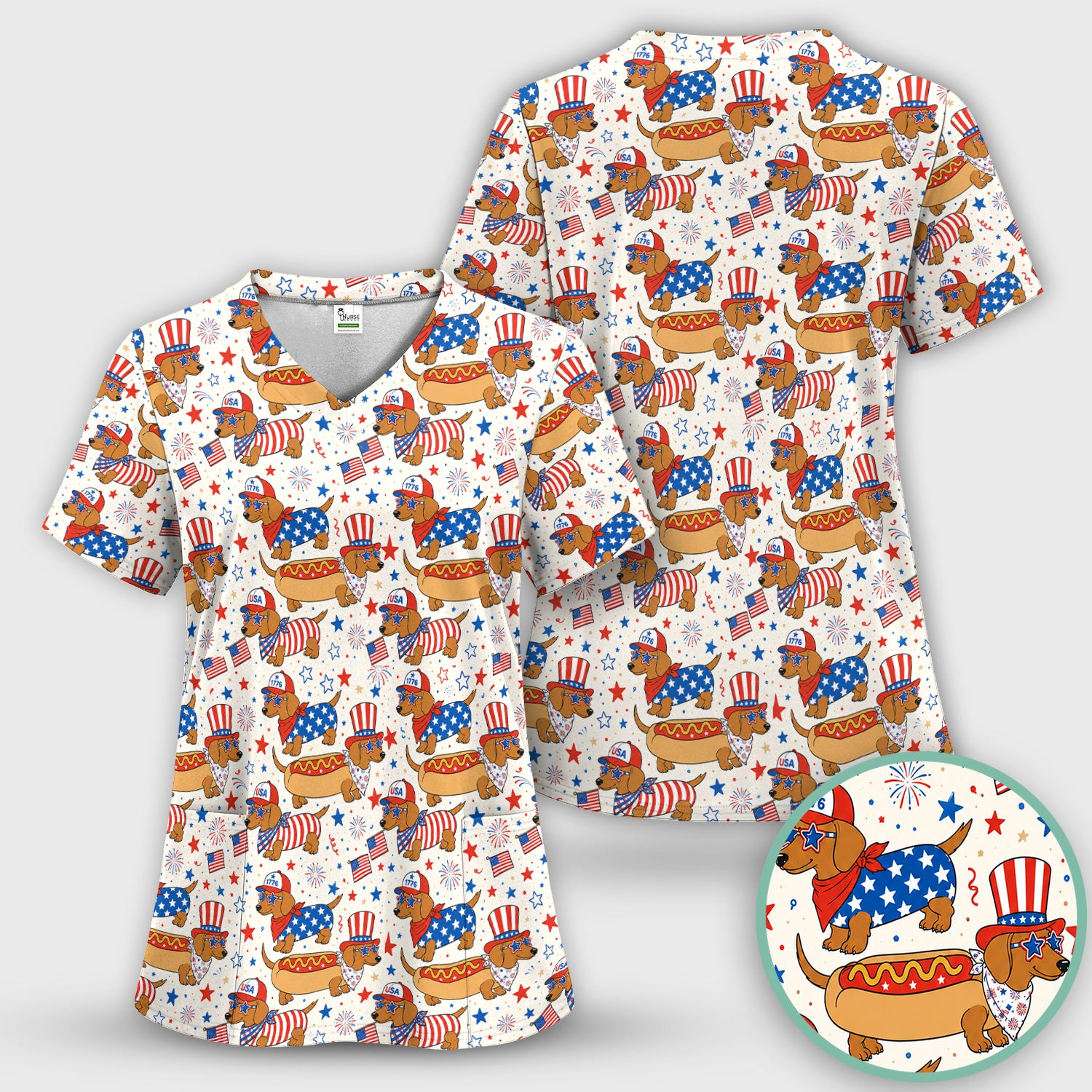 Patriotic Dachshund Fourth Of July Scrub Set, Scrub Pants and V Neck Top