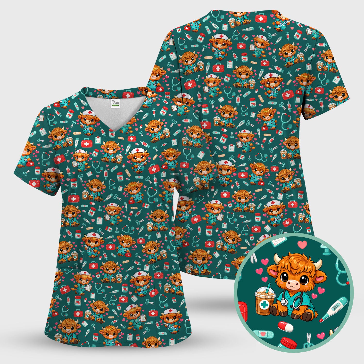 Cute Highland Cow Nurse Scrub Top, Kawaii Medical Pattern Shirt, Breathable Fabrics Nursing Uniform