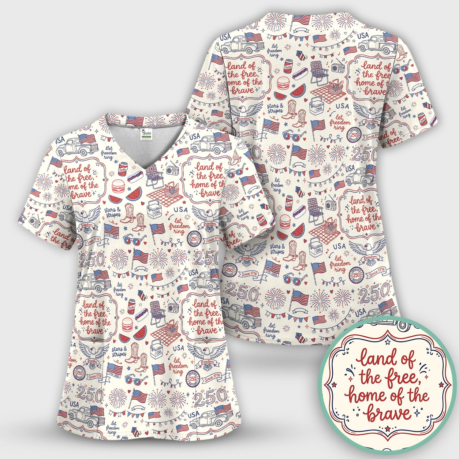 Vintage USA Freedom Print Scrub Set, Scrub Pants and V Neck Top