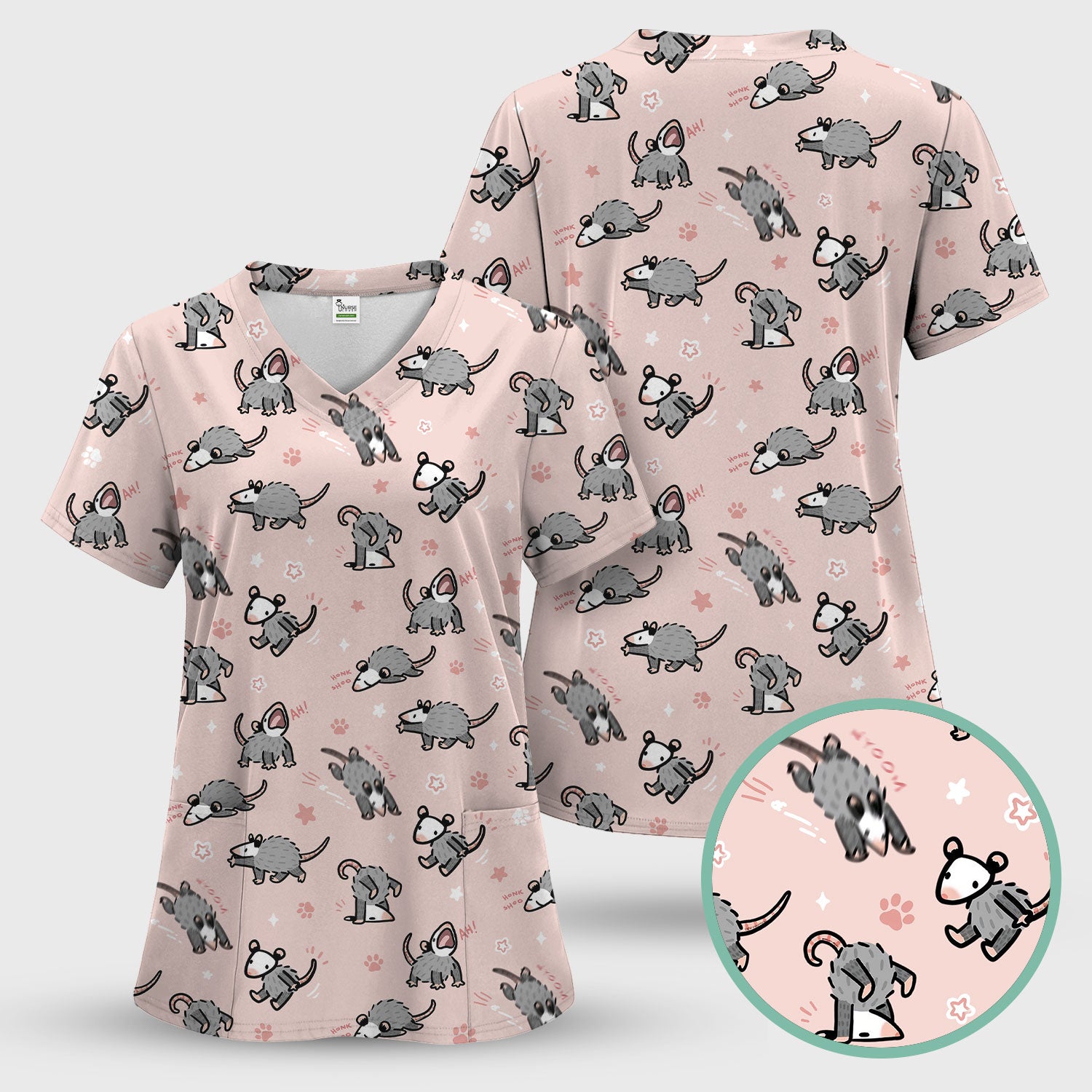 Playful Cartoon Opossum Character Pattern Scrub Top, Breathable Fabrics Nursing Uniform