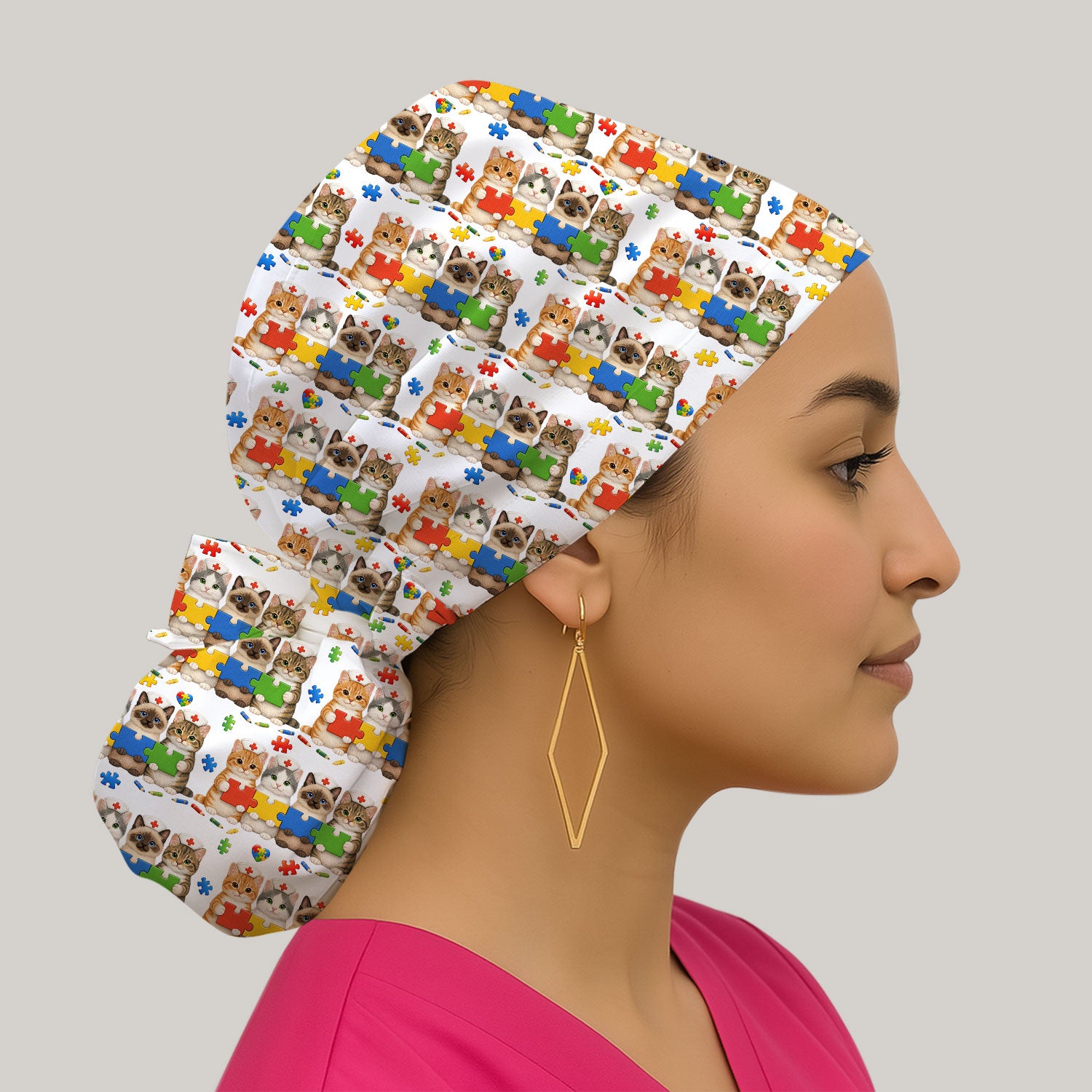 Autism Awareness Nurse Scrub Cap, Cat Autism Pattern Nurses Hat, Comfortable Uniform Scrubs For Nursing
