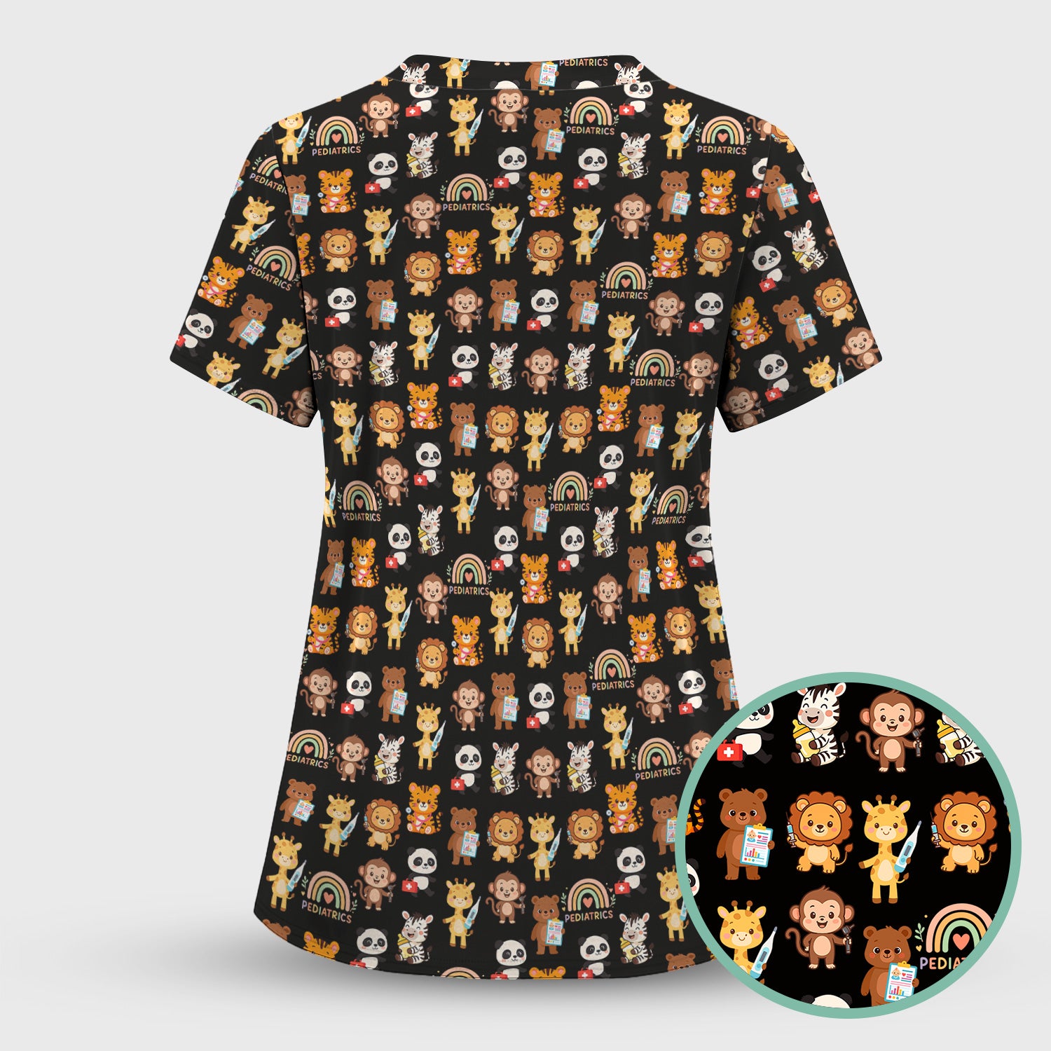 Cute Pediatric Nurse Scrub Top - Funny Zoo & Safari Animals Pattern Design - Gift for PEDS RN LPN