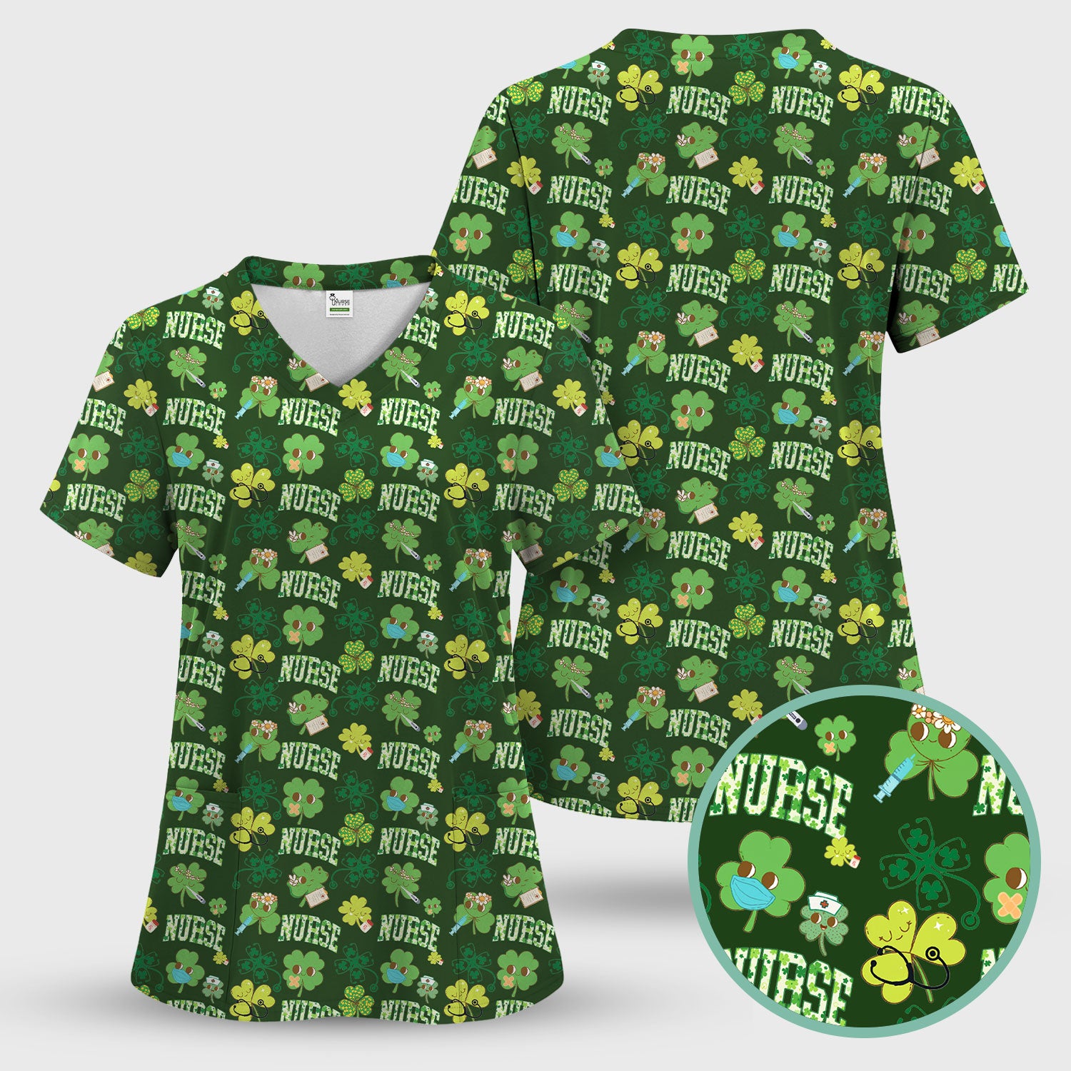 Lucky Shamrock Nurse Scrub Top, St. Patrick’s Day Nursing Shirt, Breathable Fabrics Nursing Uniform