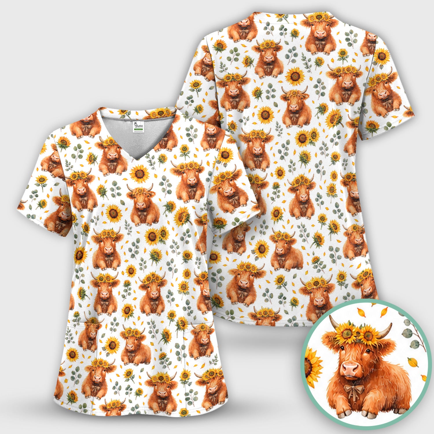 Rustic Highland Cow Floral Pattern Scrub Top, Comfortable Scrubs for Nurses