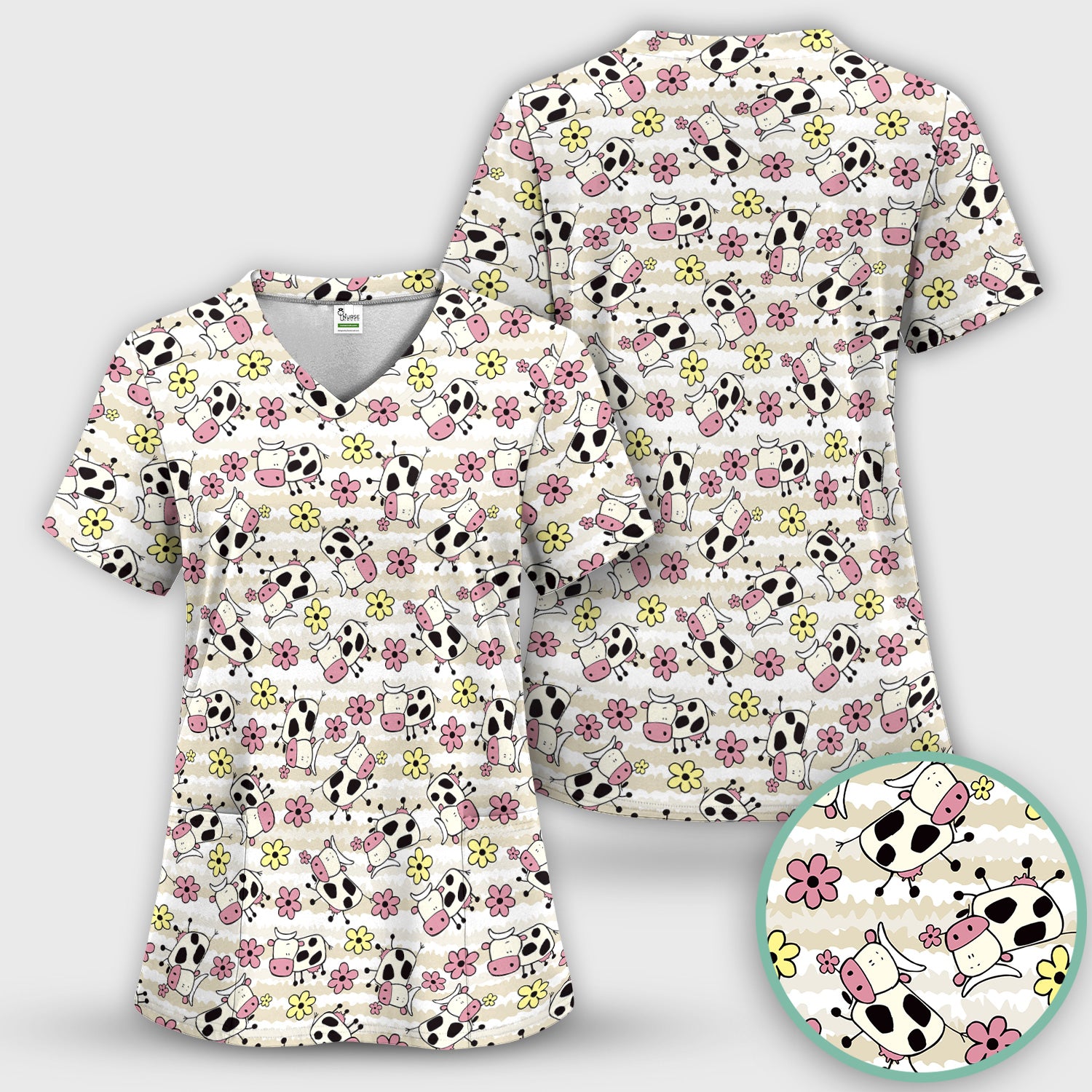 Cute Cartoon Cow Flower Meadow Pattern Nurse Scrub Set, Scrub Pants and V Neck Top