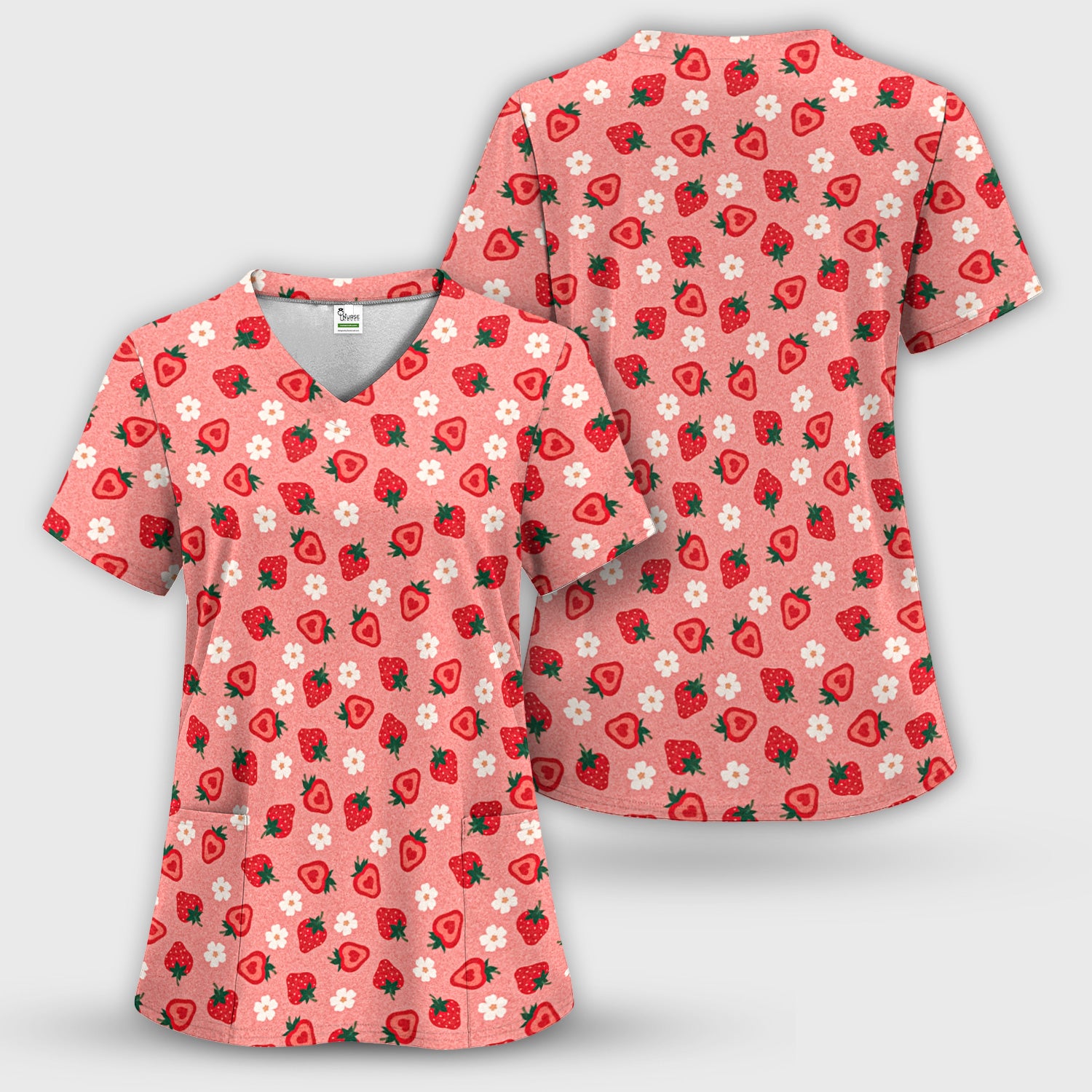 Sweet Strawberry Blossom Print Scrub Set, Women's Scrub Sets