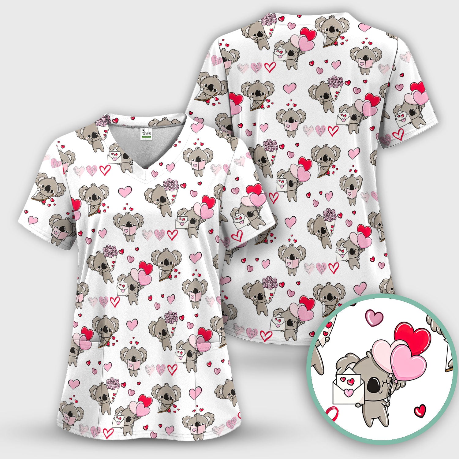 Valentine Koala Holding Flowers Cute Print Scrub, Women's Scrub Sets