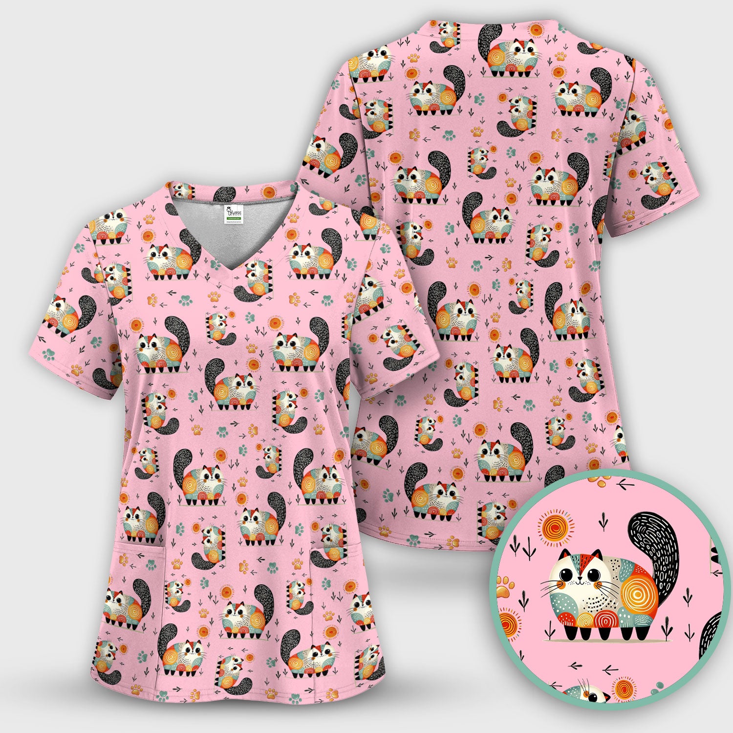 Playful Cat Illustration Nurse Scrub Top, Comfortable Scrubs for Nurses