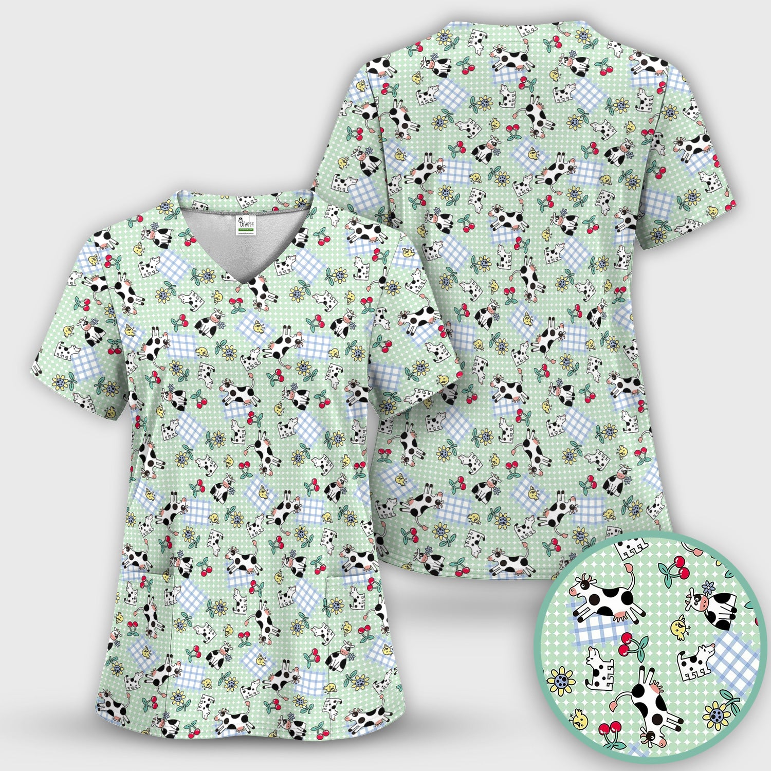 Cute Cow Cherry Farm Garden Pattern Nurse Scrub Set, Scrub Pants and V Neck Top