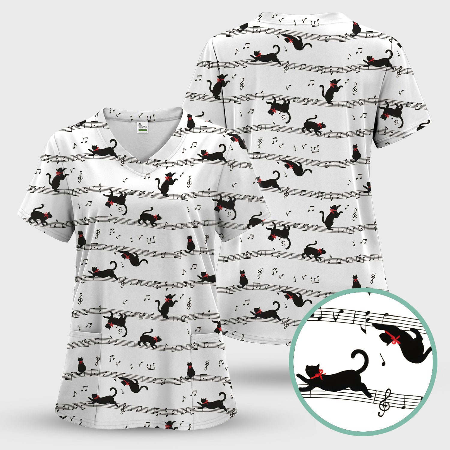 Cute Dancing Black Cat Music Staff Pattern Scrub Top, Comfortable Scrubs for Nurses